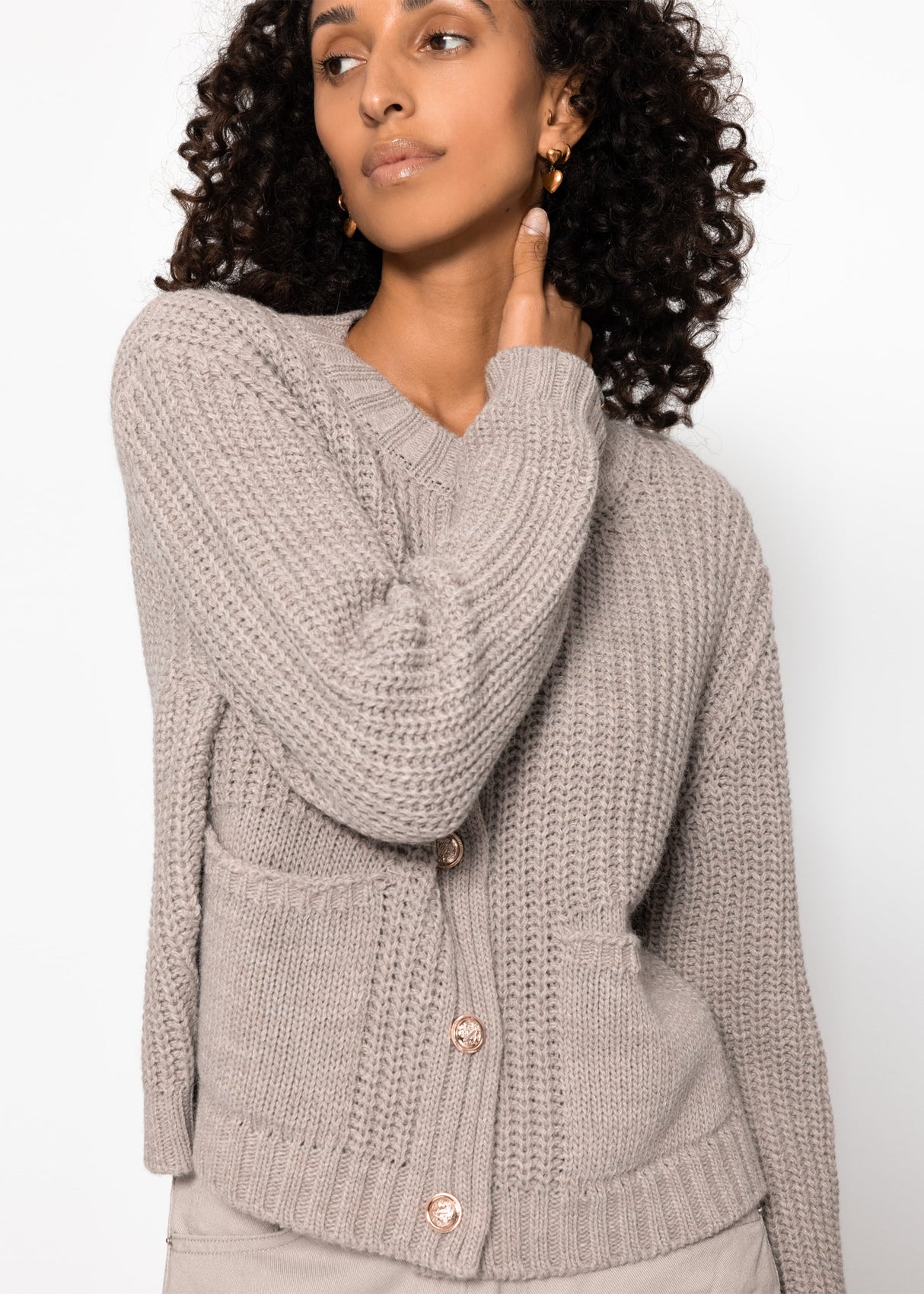 Cardigan with button placket and bags - pink