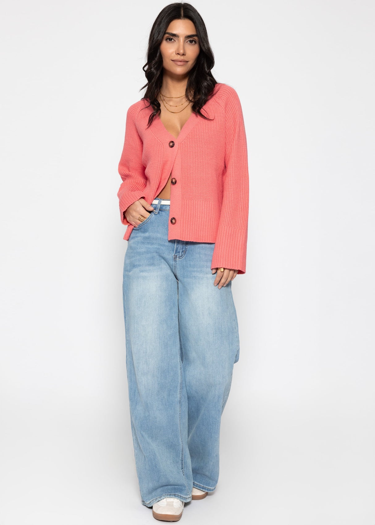 Gerippter Cardigan mit V-Ausschnitt - koralle