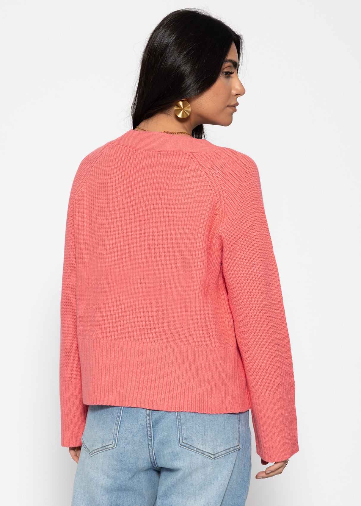 Gerippter Cardigan mit V-Ausschnitt - koralle