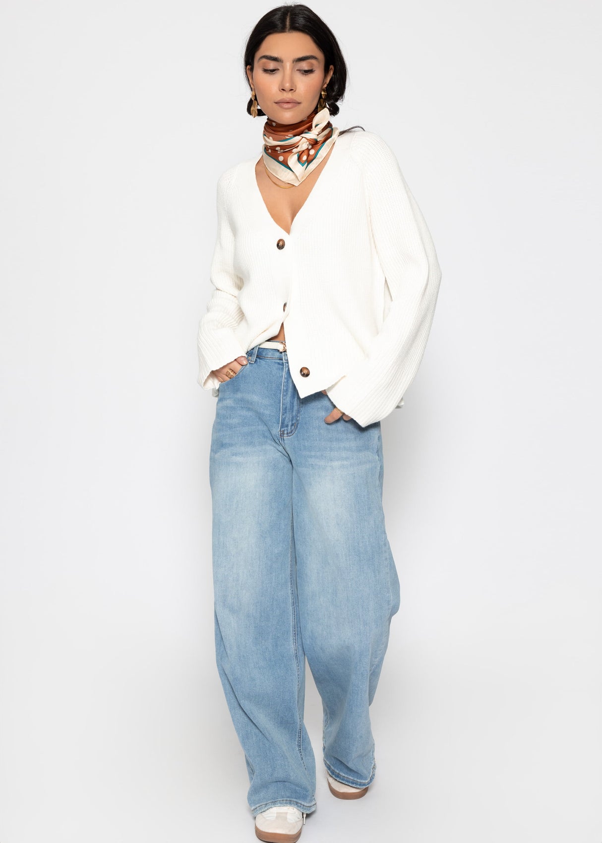 Ribbed cardigan with V-neck - off-white