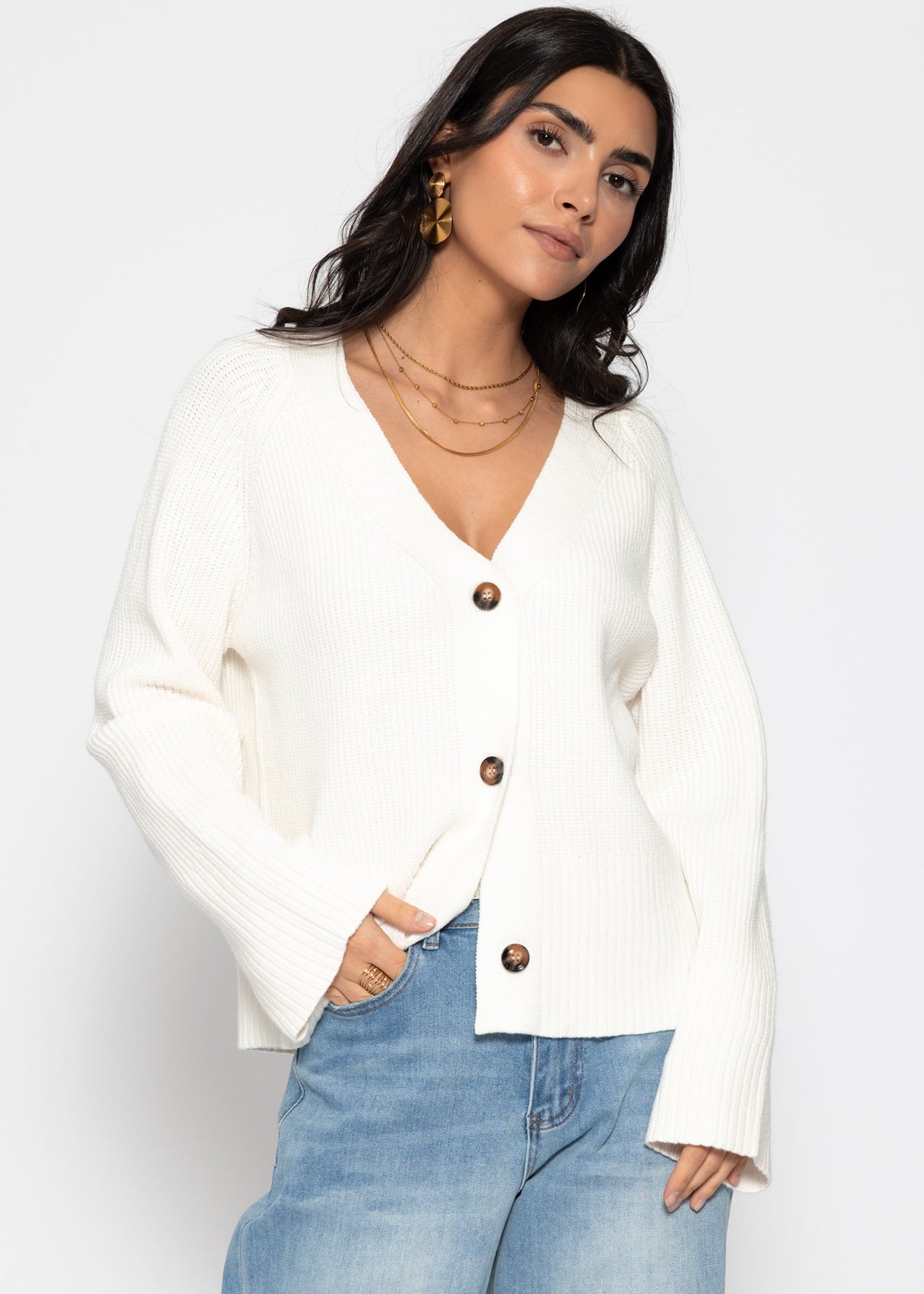 Ribbed cardigan with V-neck - off-white