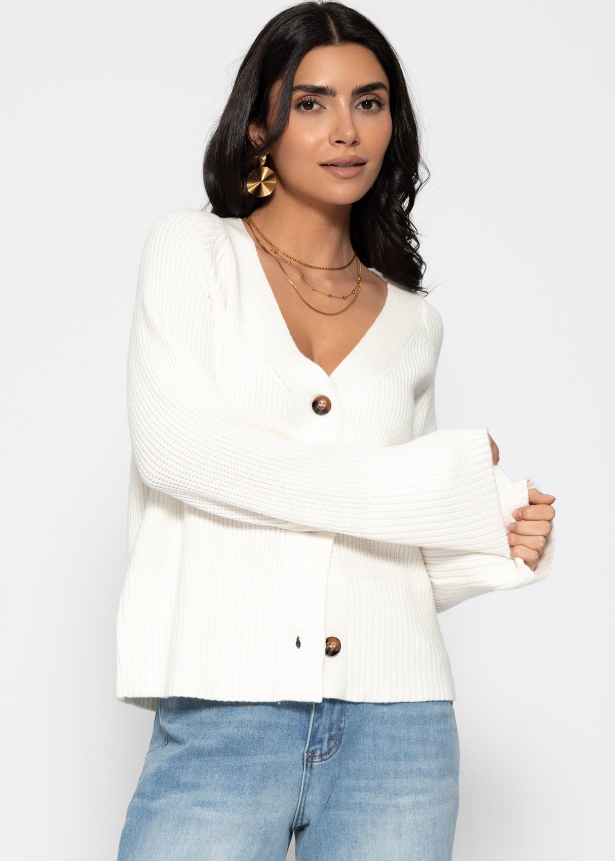 Ribbed cardigan with V-neck - off-white