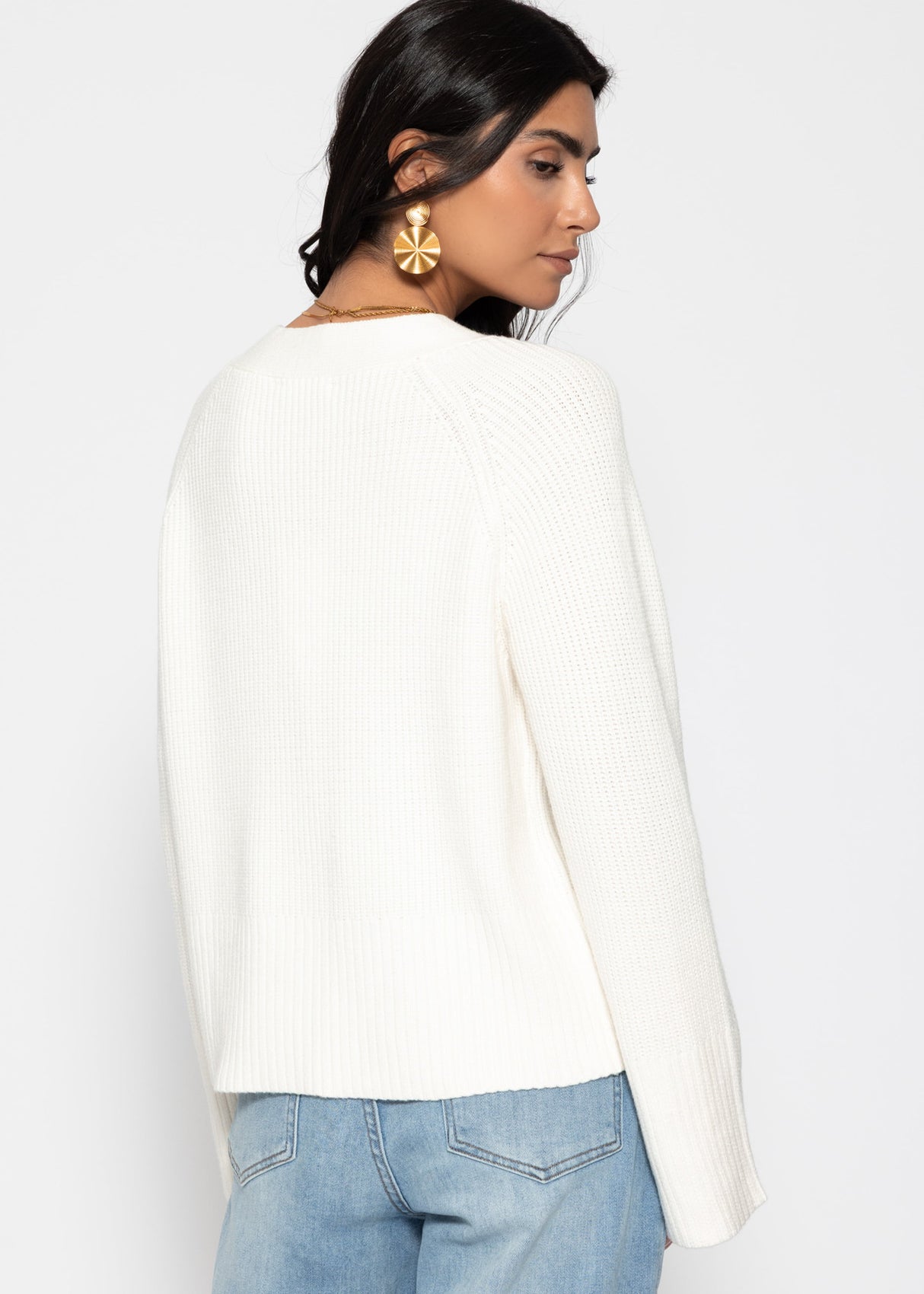 Ribbed cardigan with V-neck - off-white