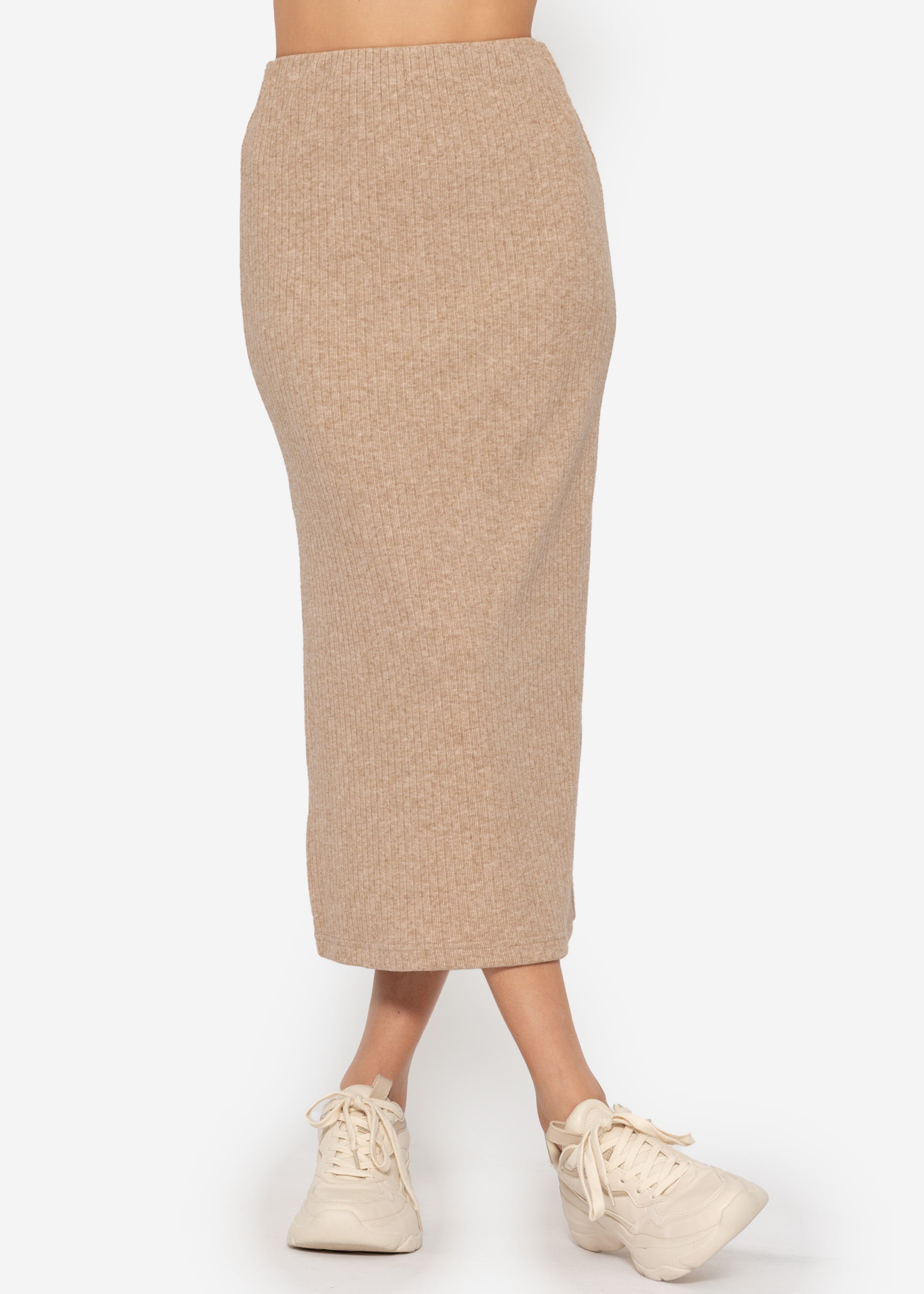 Ribbed midi-length skirt - beige