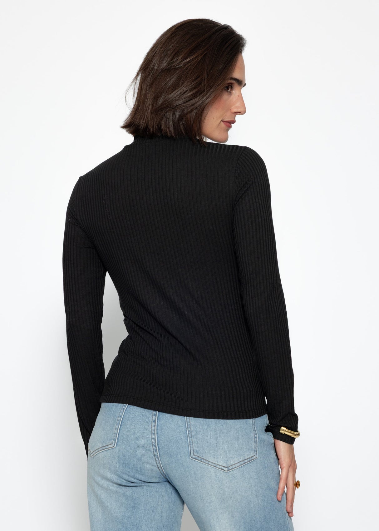 Ribbed long-sleeved shirt with stand-up collar - black