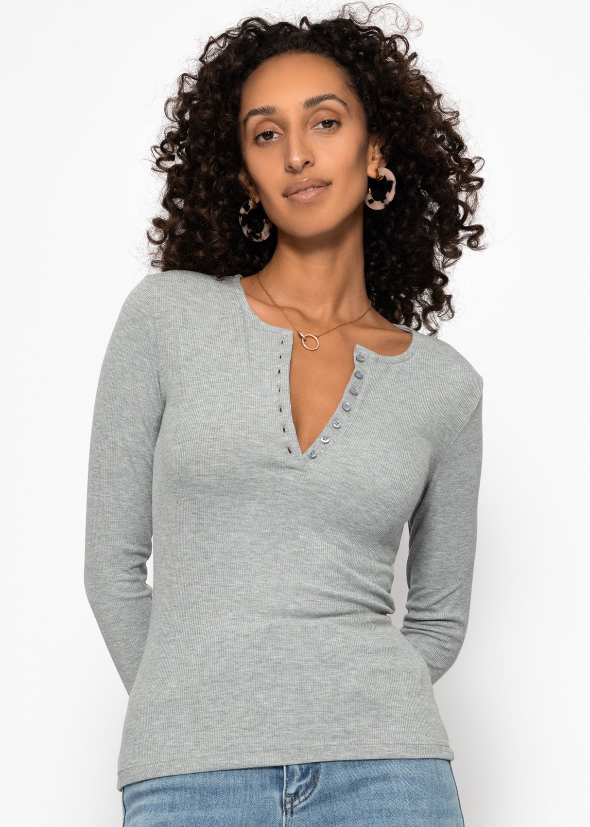 Geripptes Langarmshirt mit Knopfleiste - grau