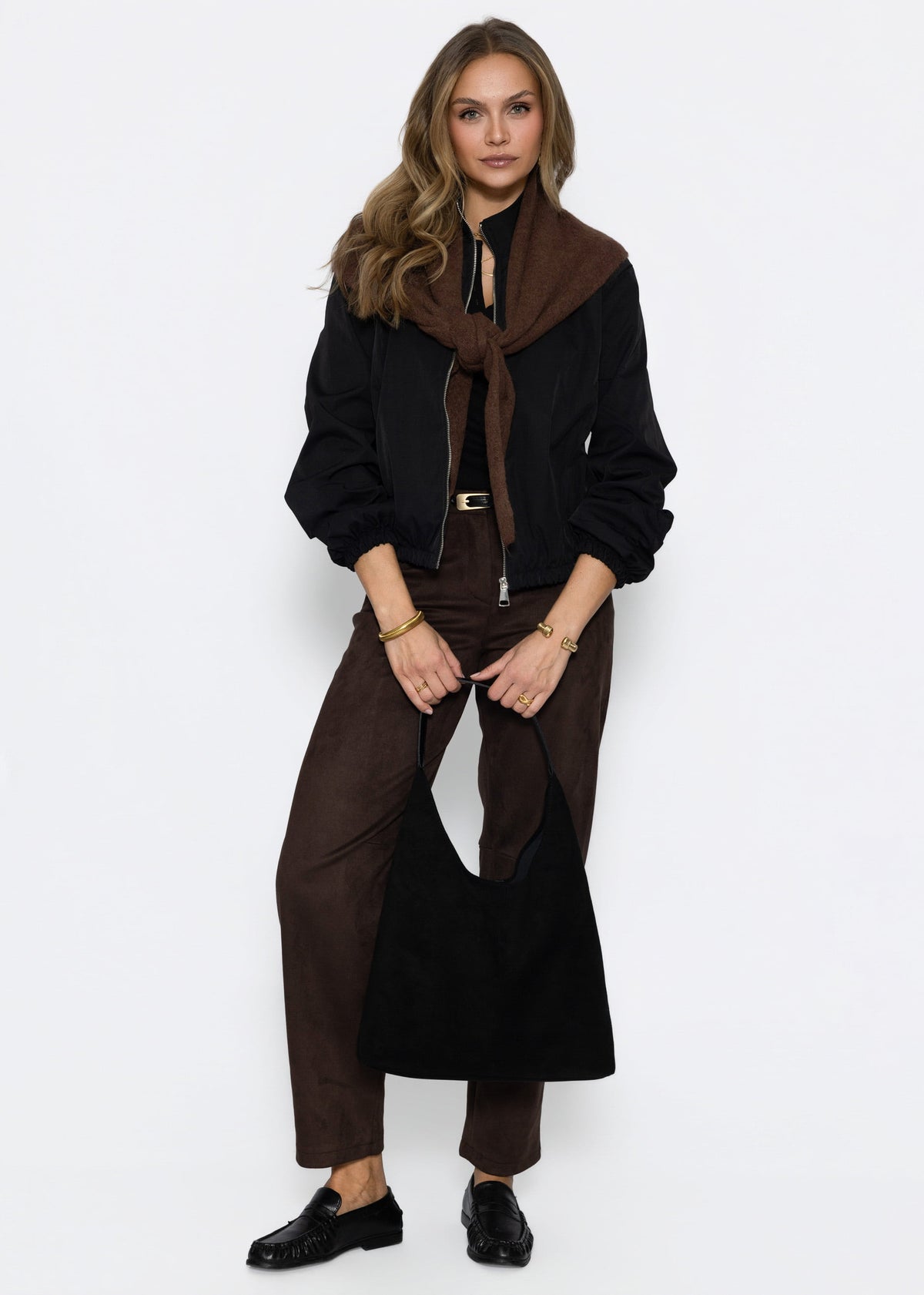 Geripptes Langarmshirt mit Knopfleiste - schwarz