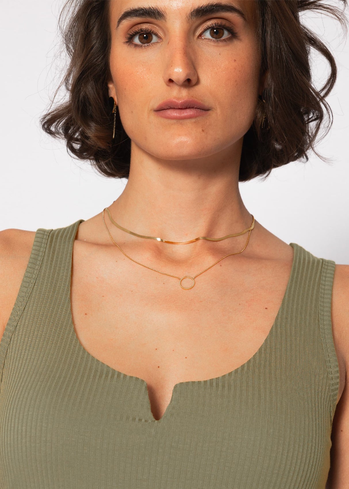 Ribbed V-neck top - khaki