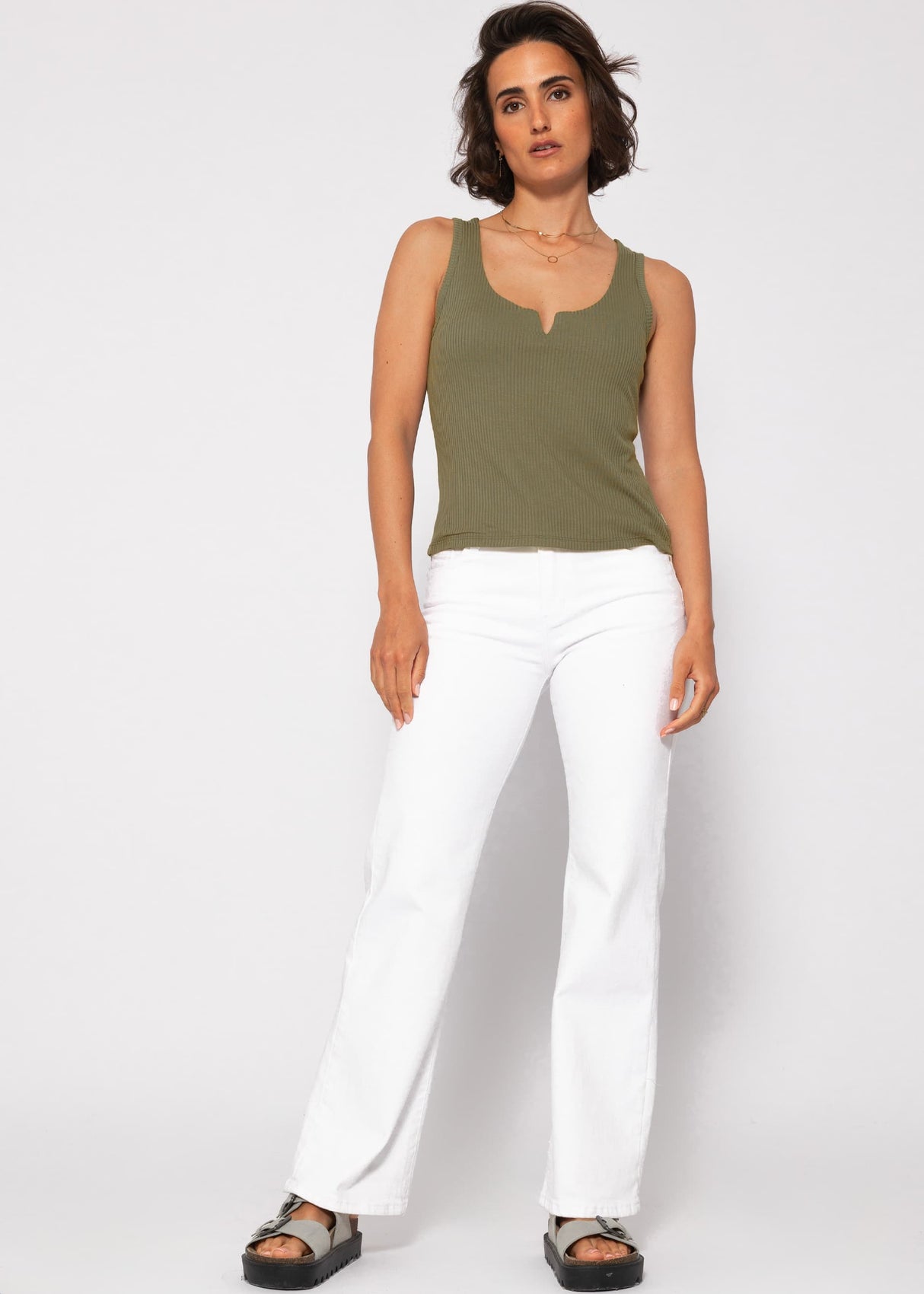 Ribbed V-neck top - khaki