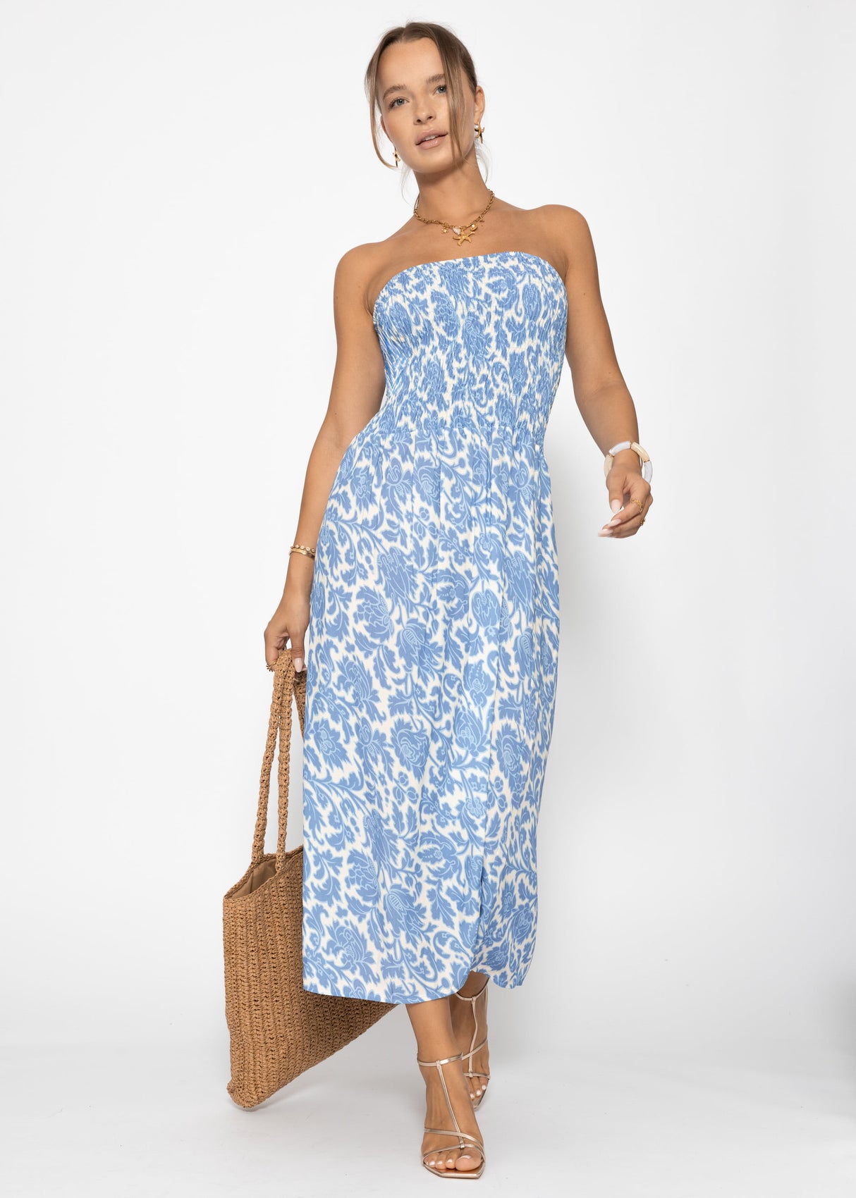 Gesmoktes Bandeau-Kleid mit Print - jeansblau