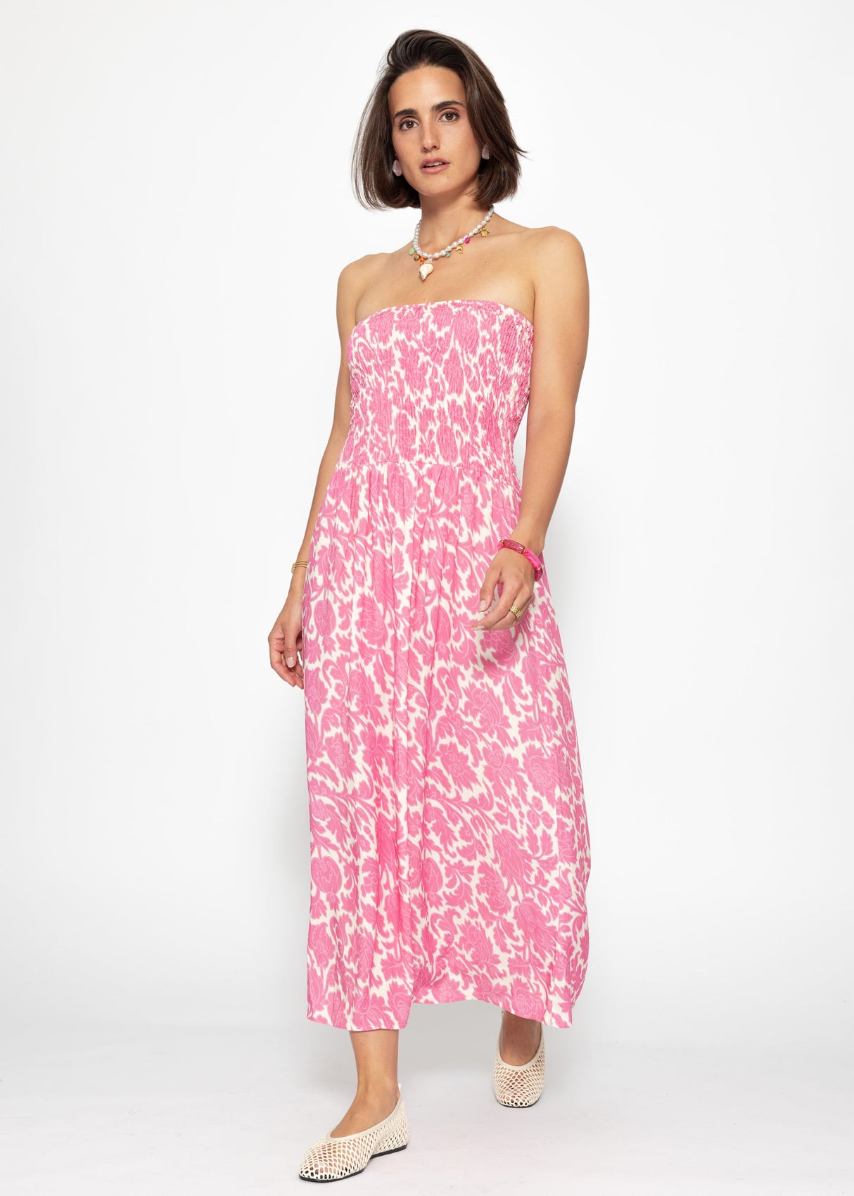 Smoked bandeau dress with print - pink