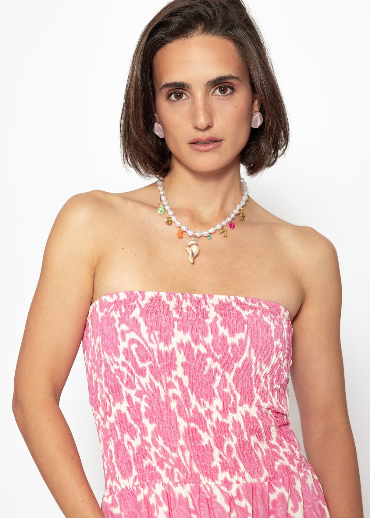 Smoked bandeau dress with print - pink