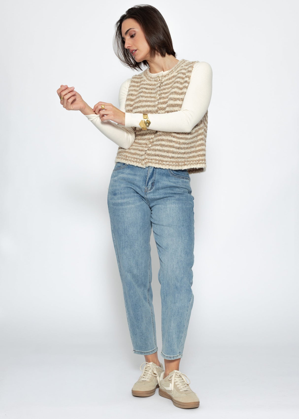 Gestreifte Bouclé-Weste mit Taschen - beige-offwhite