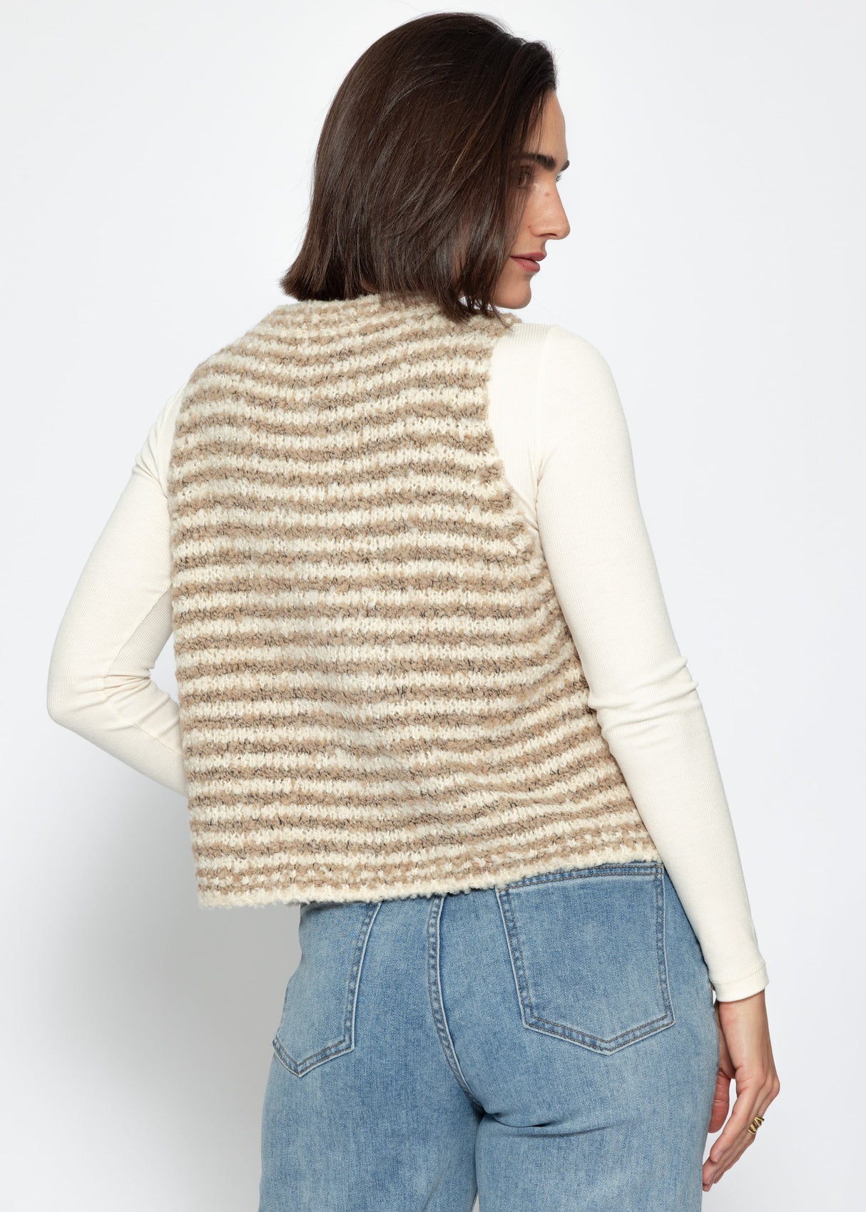 Gestreifte Bouclé-Weste mit Taschen - beige-offwhite