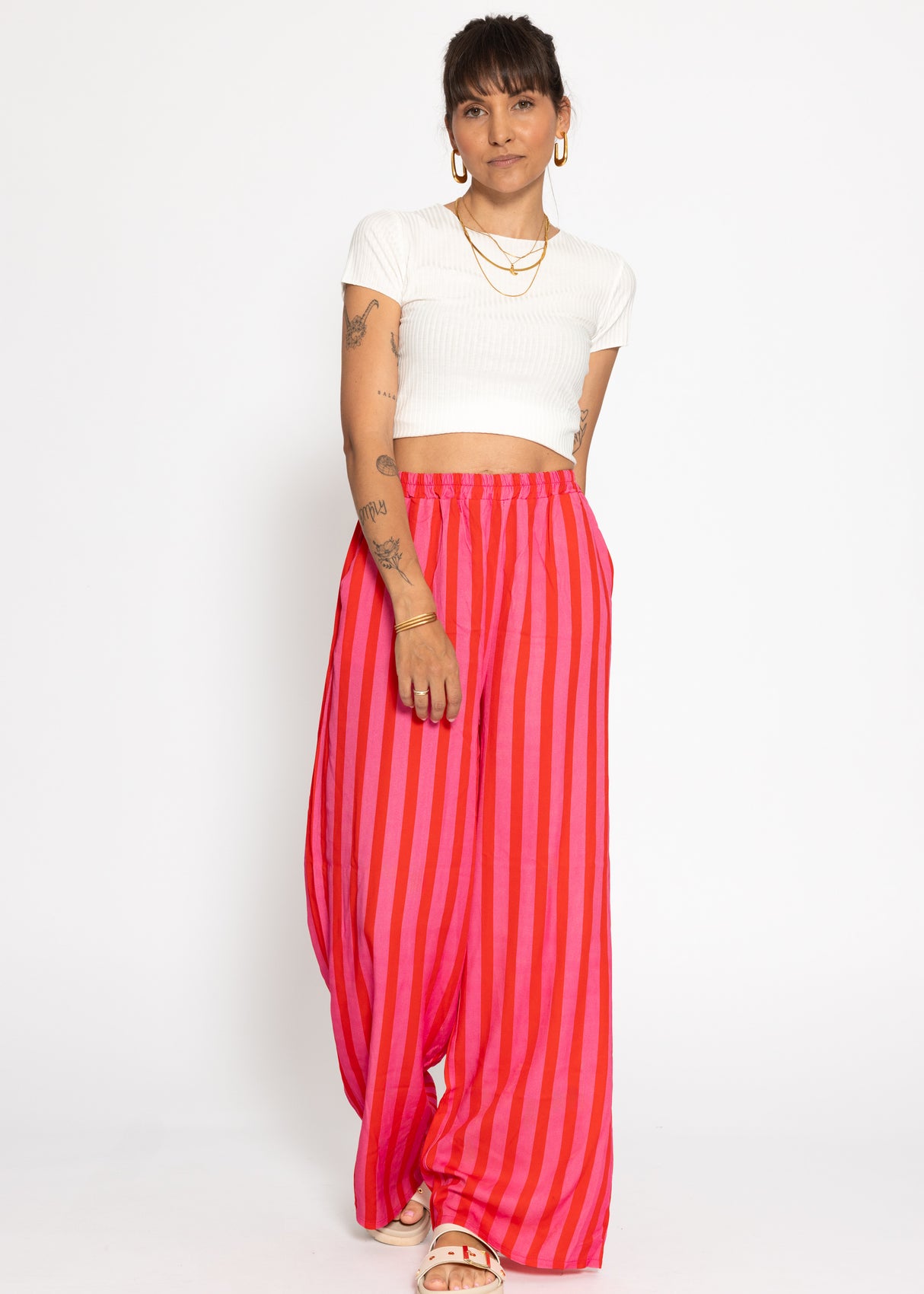 Striped pants with wide leg - pink