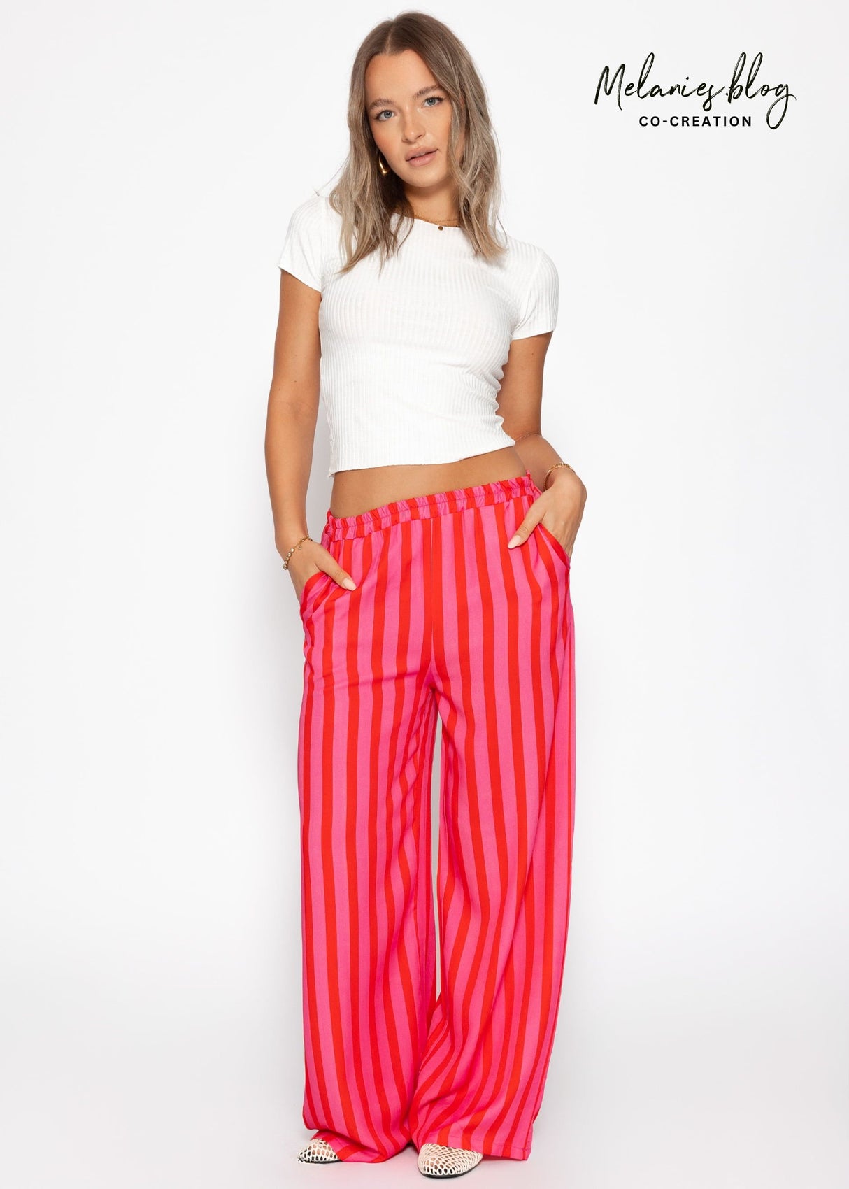 Striped pants with wide leg - pink