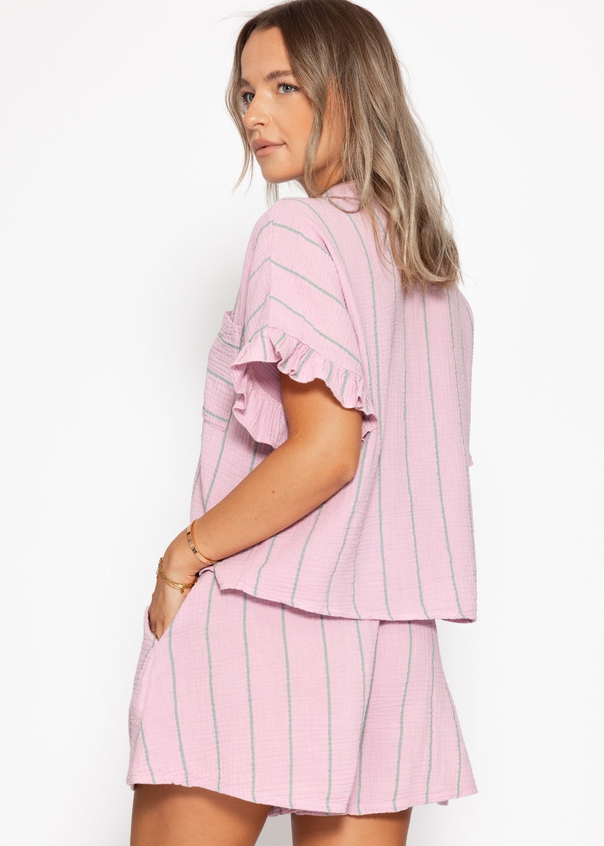 Striped Musselin Blouse with rush - pink