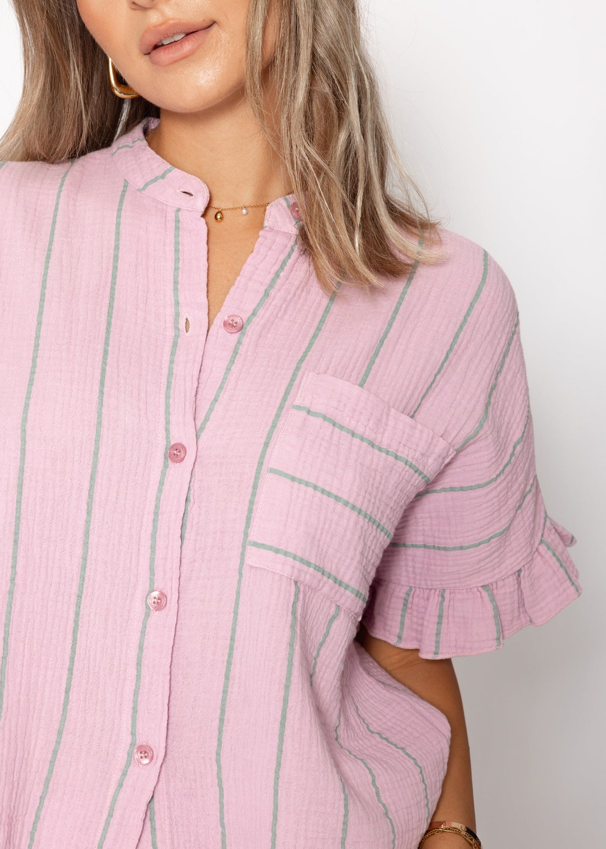 Striped Musselin Blouse with rush - pink