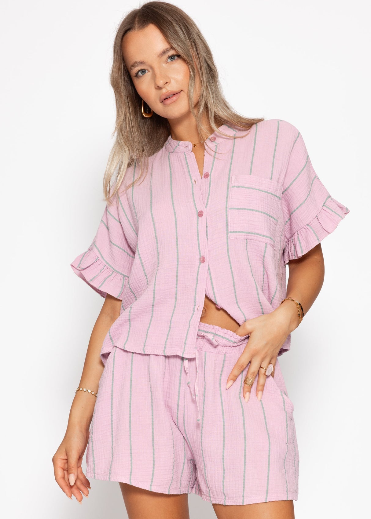 Striped Musselin Blouse with rush - pink