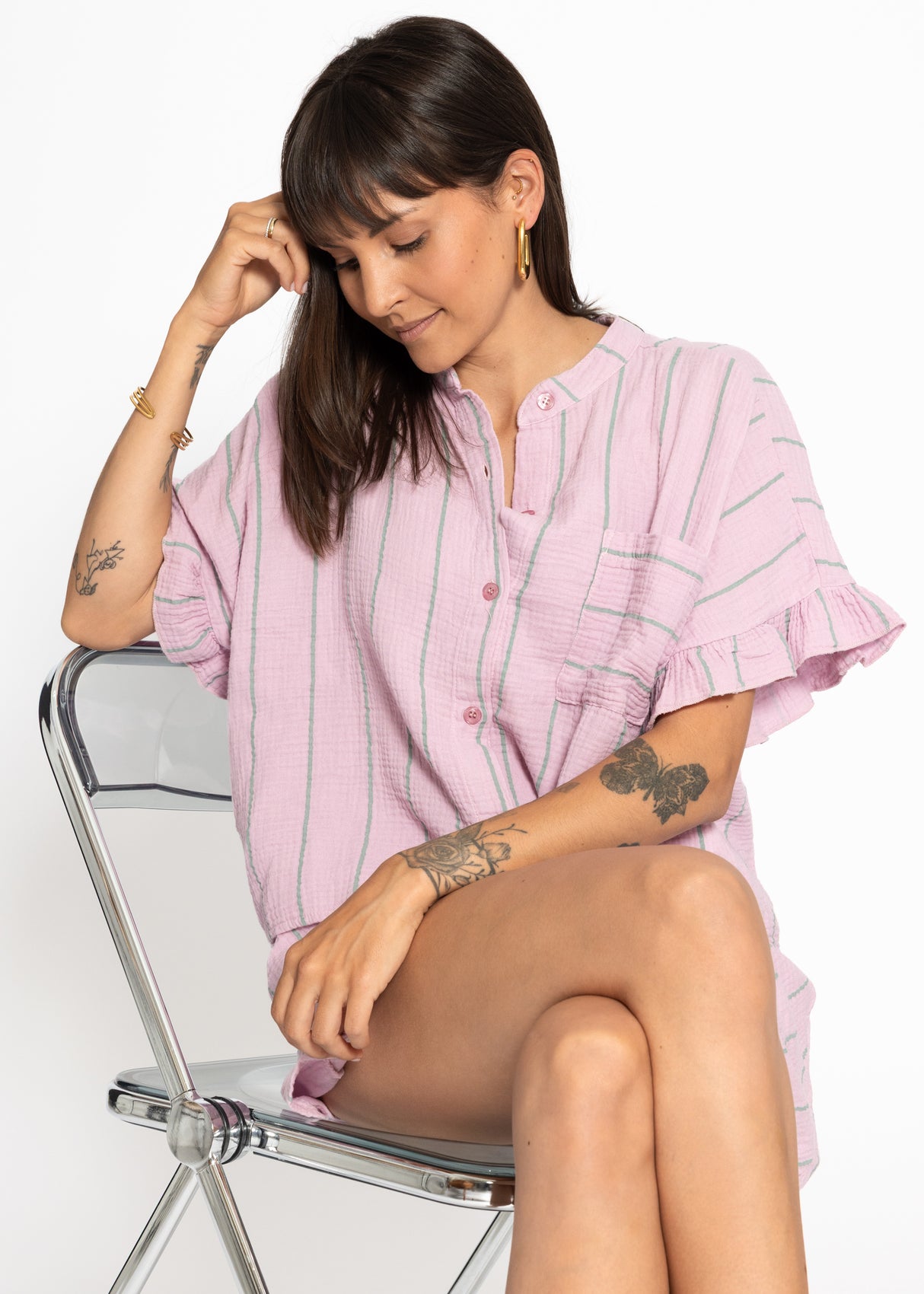 Striped Musselin Blouse with rush - pink
