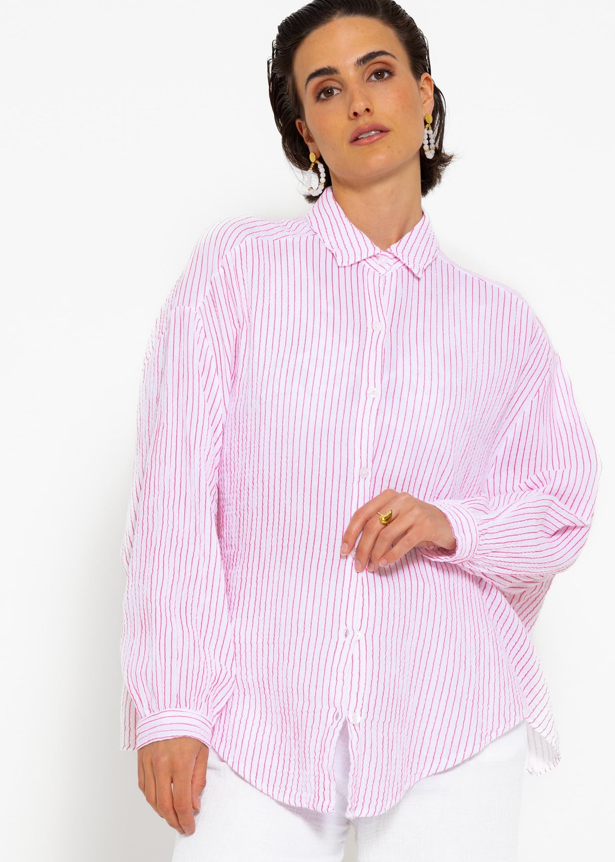 Gestreifte Musselin Bluse oversize, kurz, pink/weiß