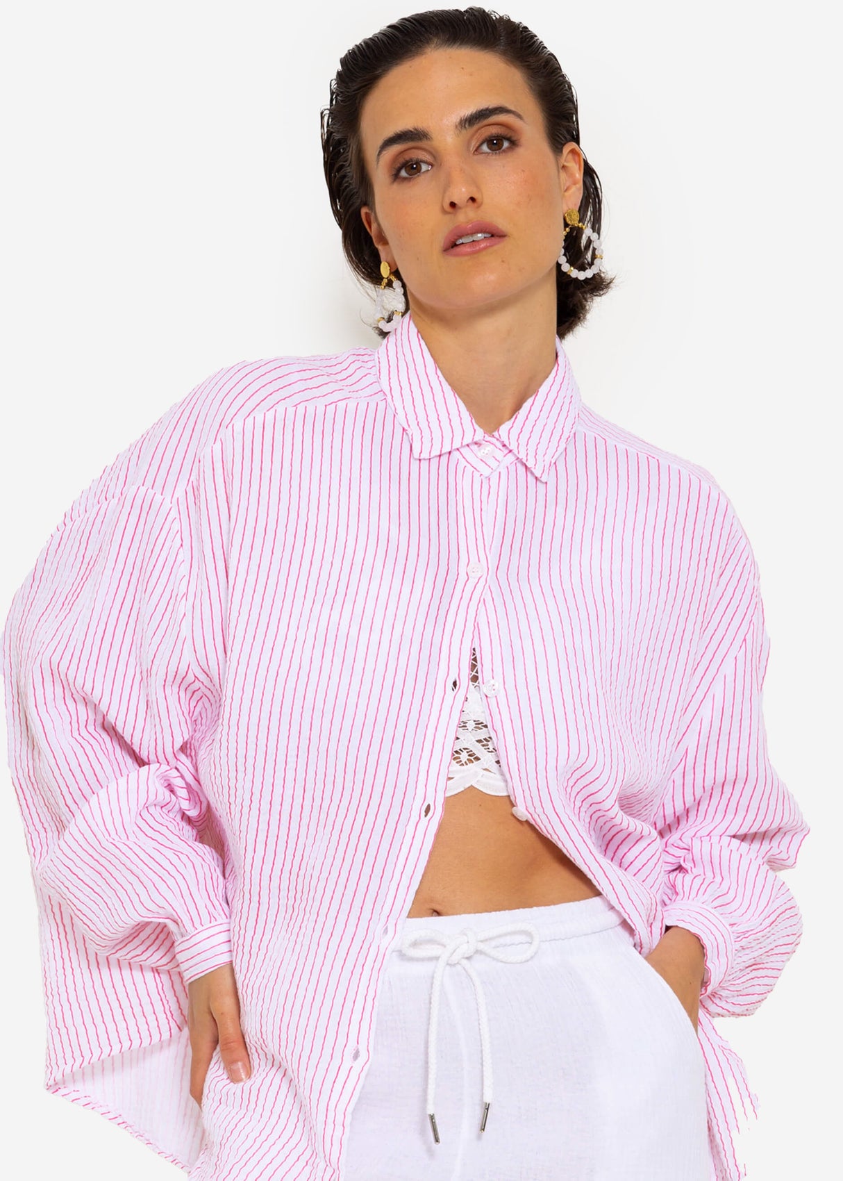 Gestreifte Musselin Bluse oversize, kurz, pink/weiß