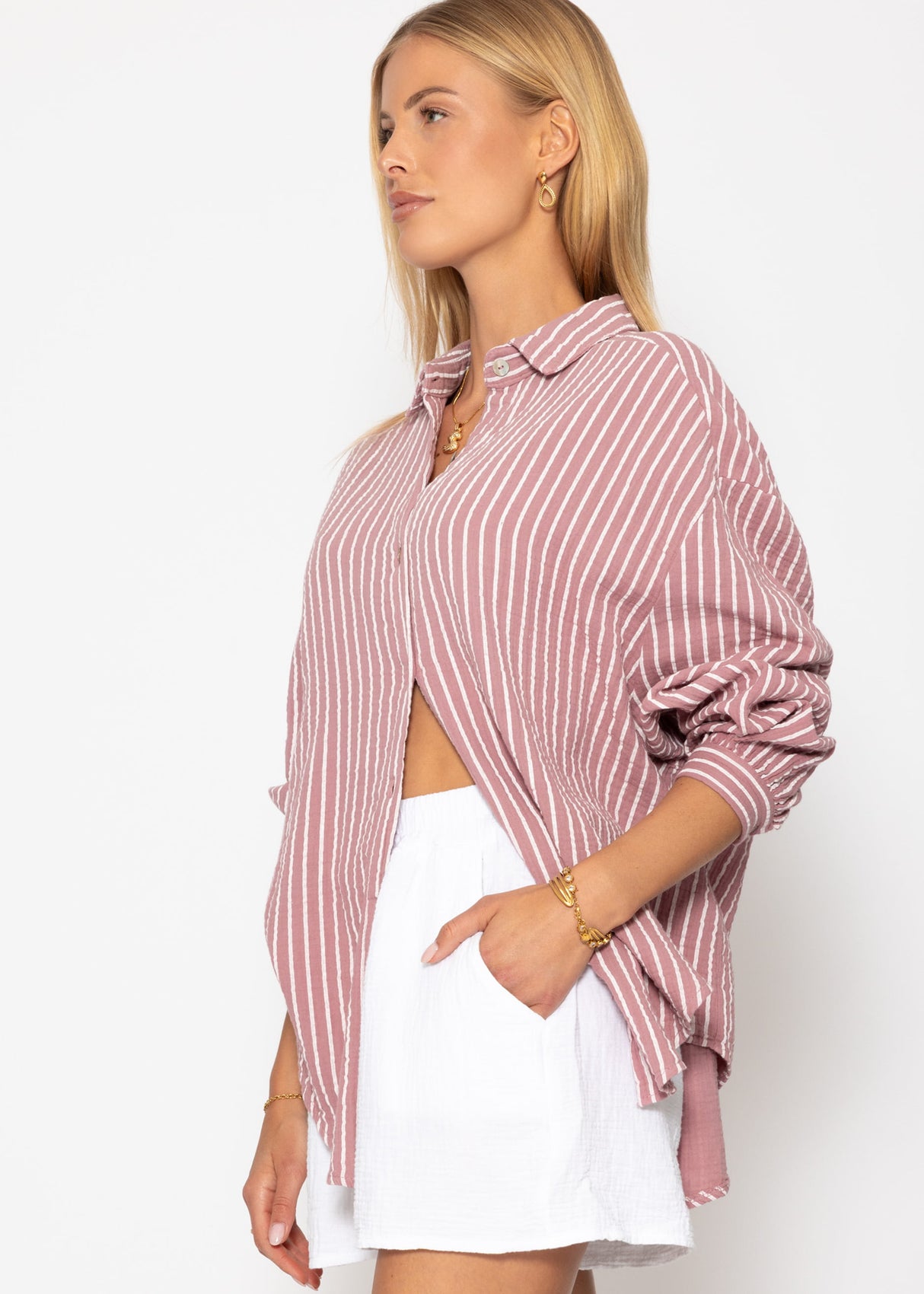 Striped oversize muslin blouse - dusty pink