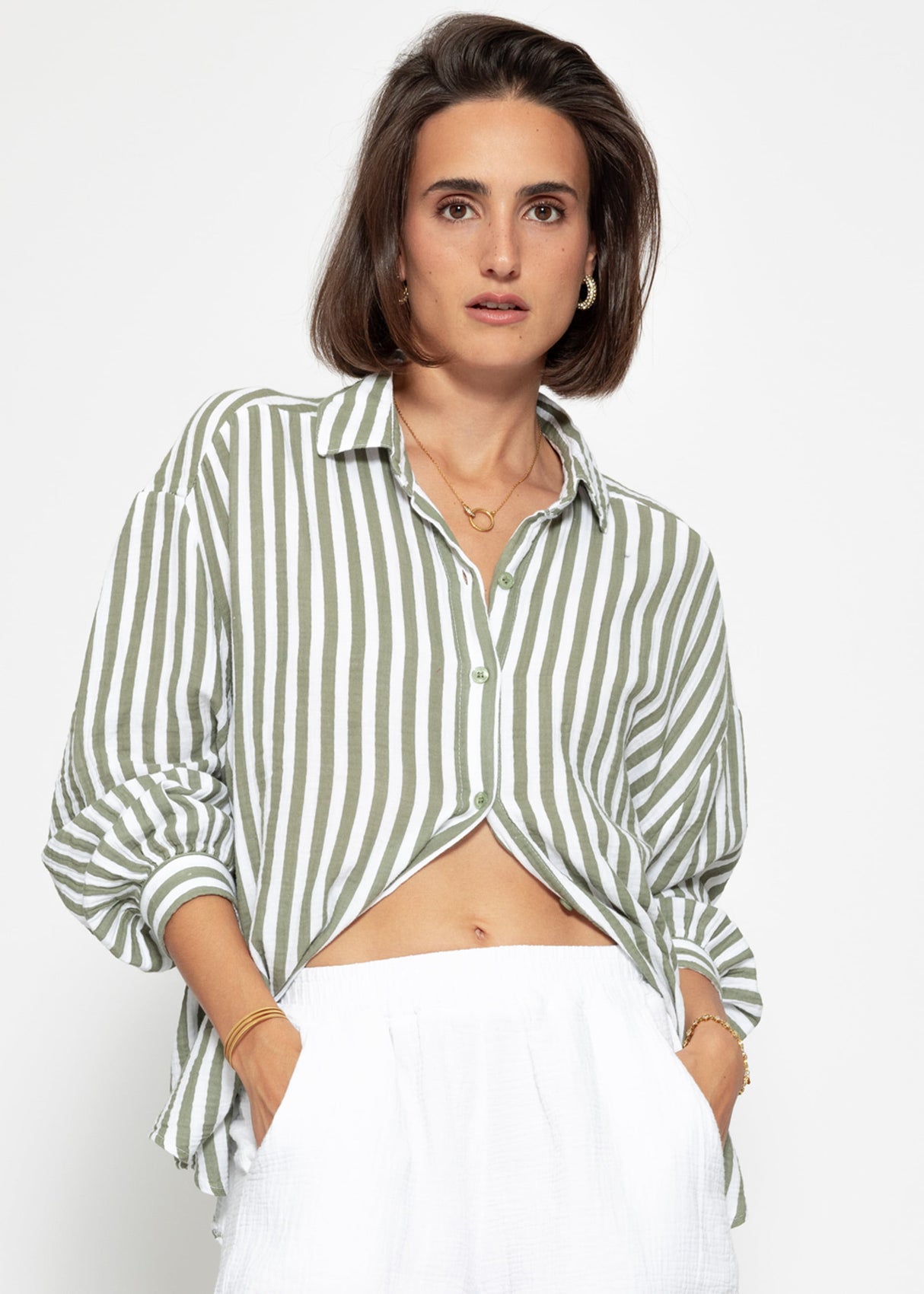Striped oversize musselin blouse - khaki