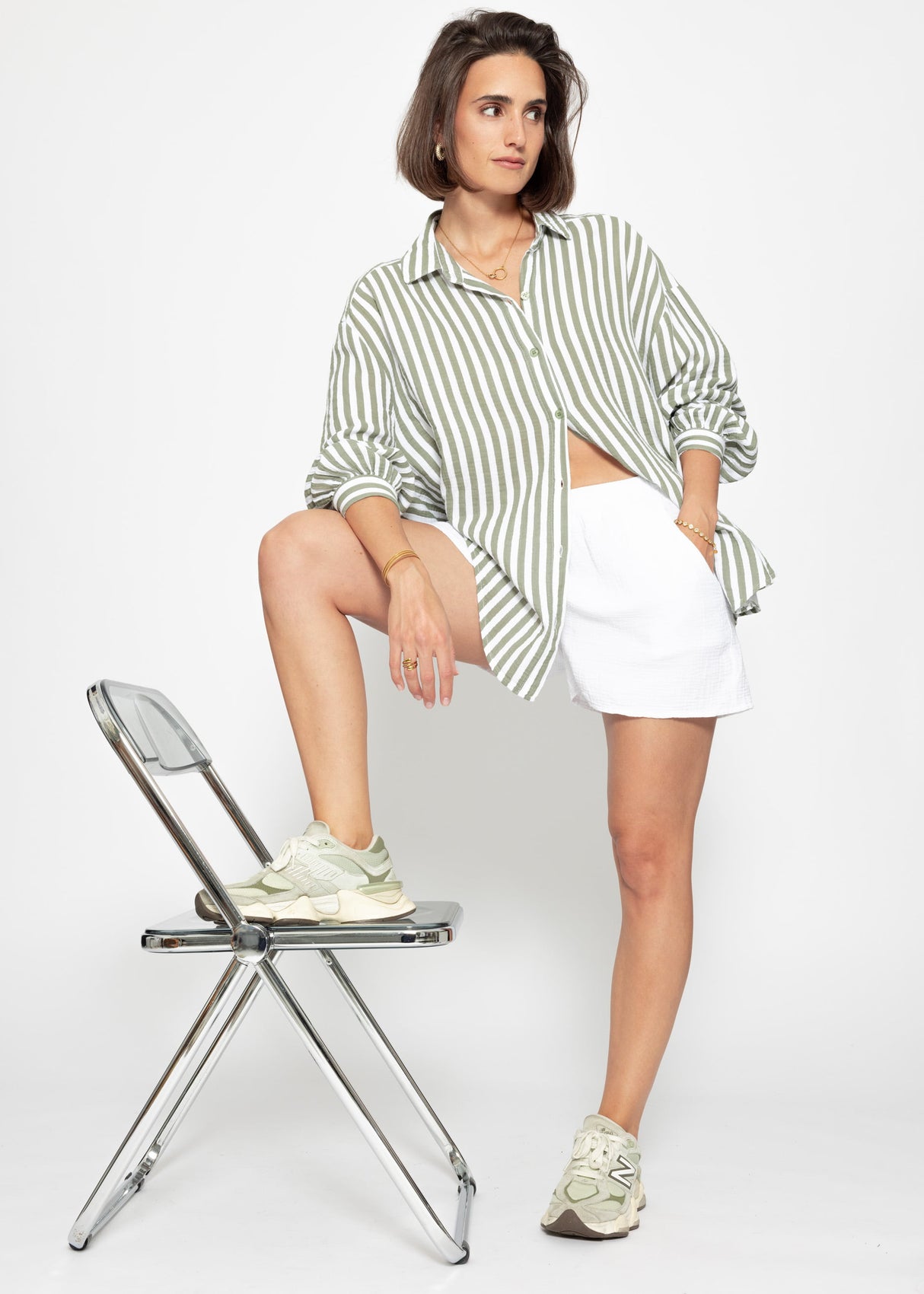 Striped oversize musselin blouse - khaki