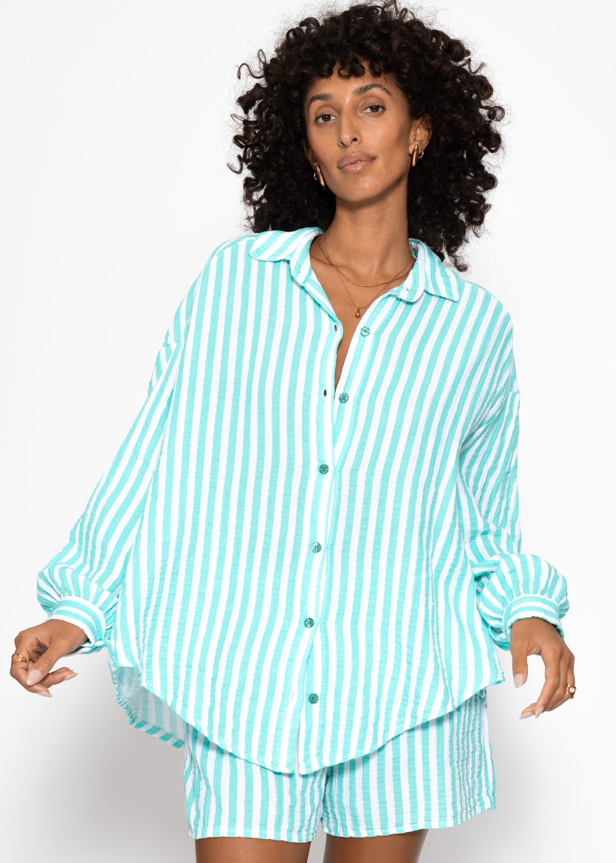 Gestreifte Oversize Musselin Bluse - mint