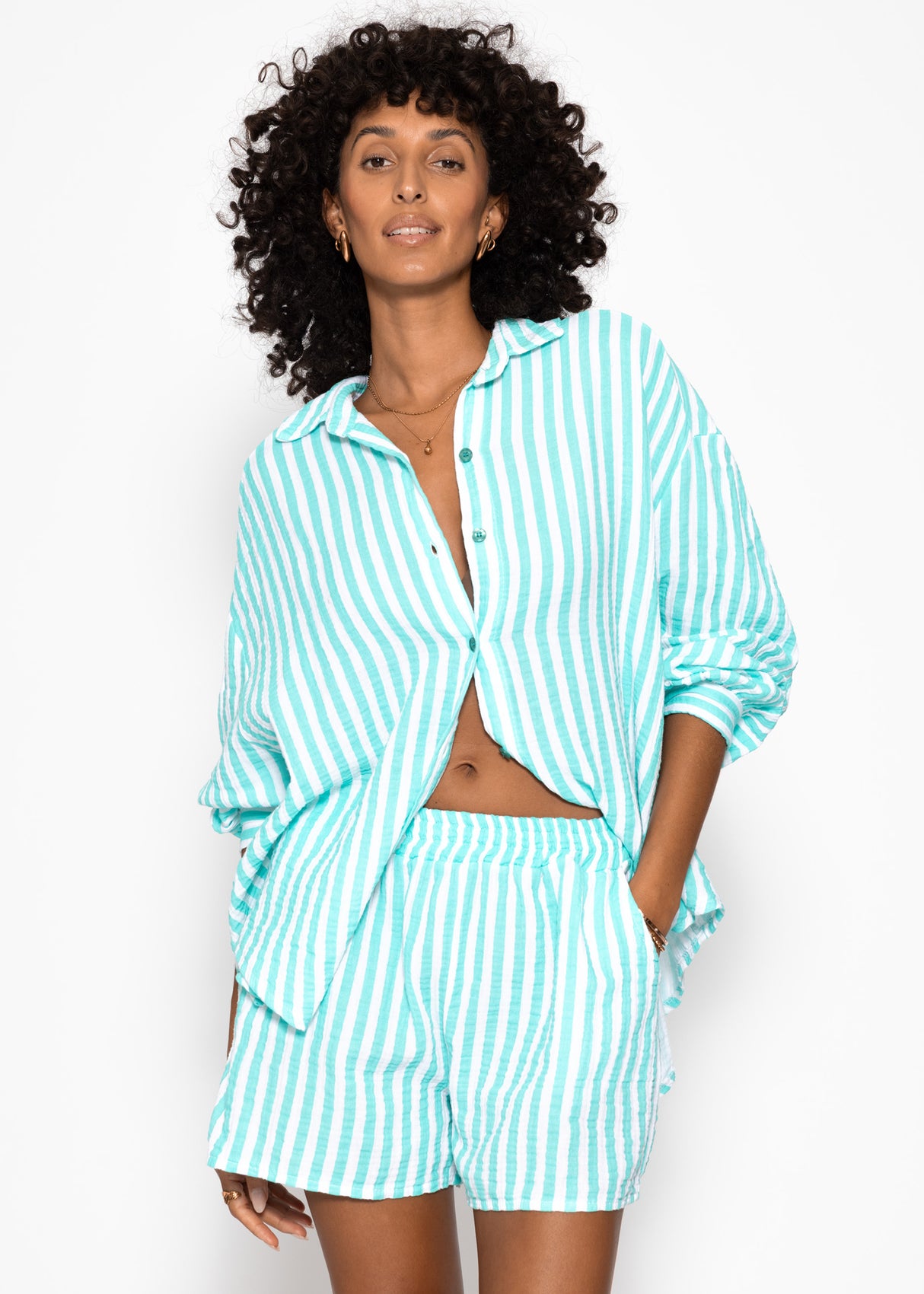 Gestreifte Oversize Musselin Bluse - mint