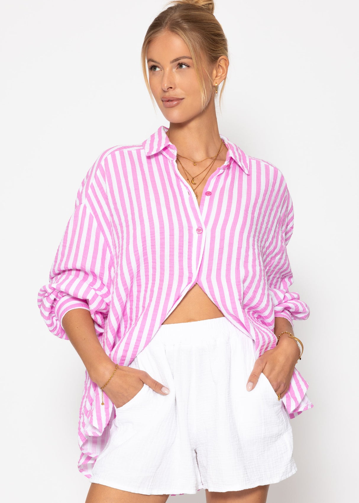 Striped oversized muslin blouse - pink