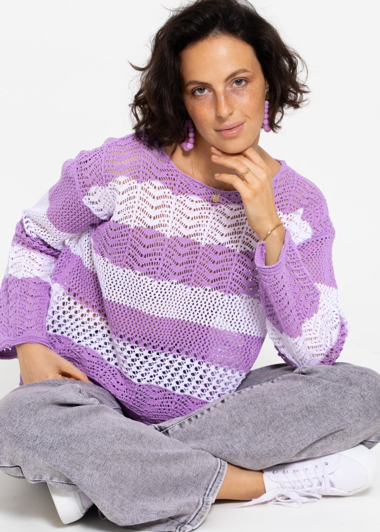 Striped openwork knit sweater - lilac-white