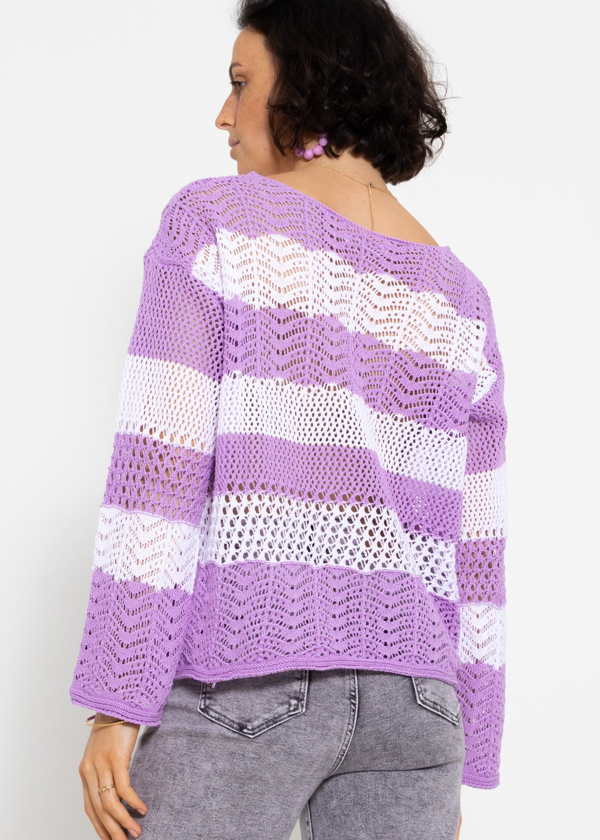 Striped openwork knit sweater - lilac-white