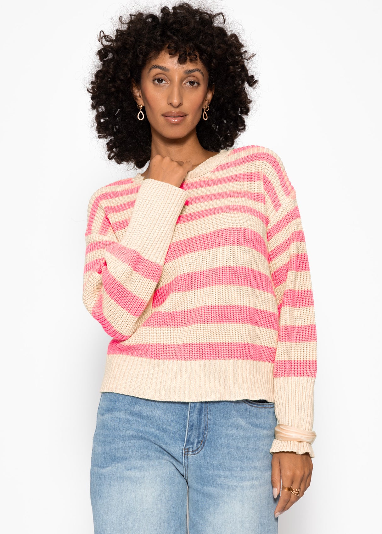 Striped cotton sweater - beige-salmon