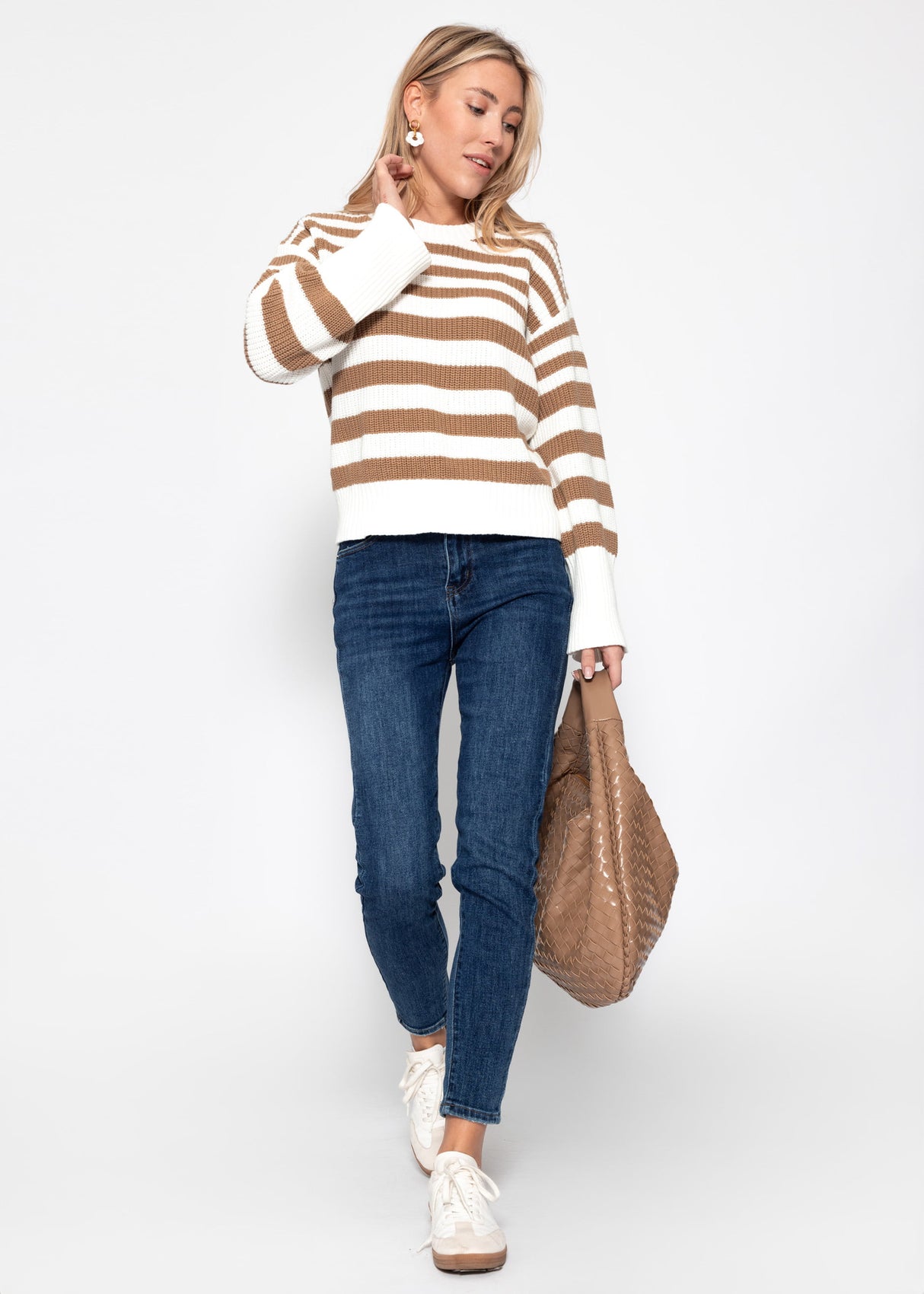 Striped cotton sweater - white-brown