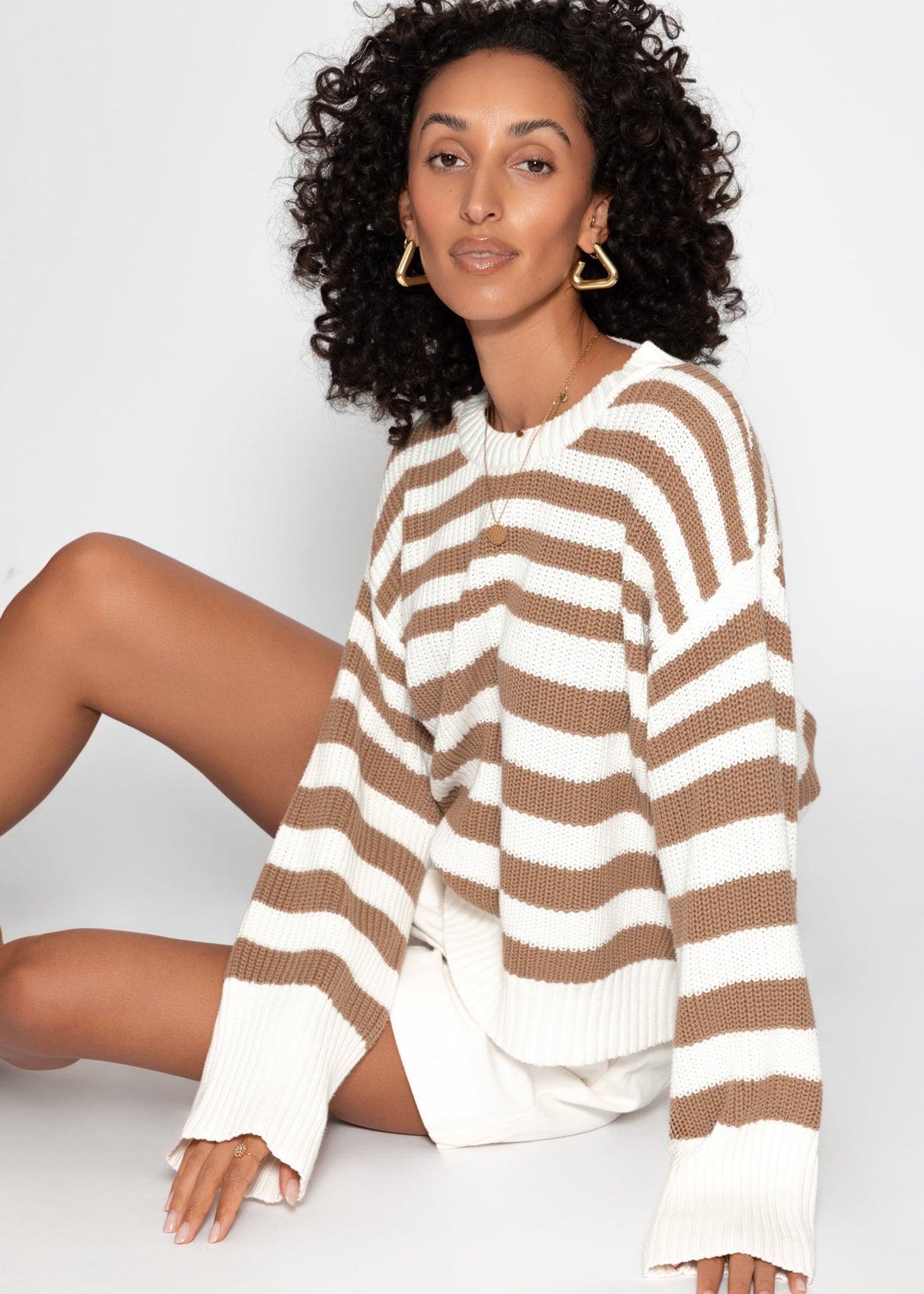 Striped cotton sweater - white-brown