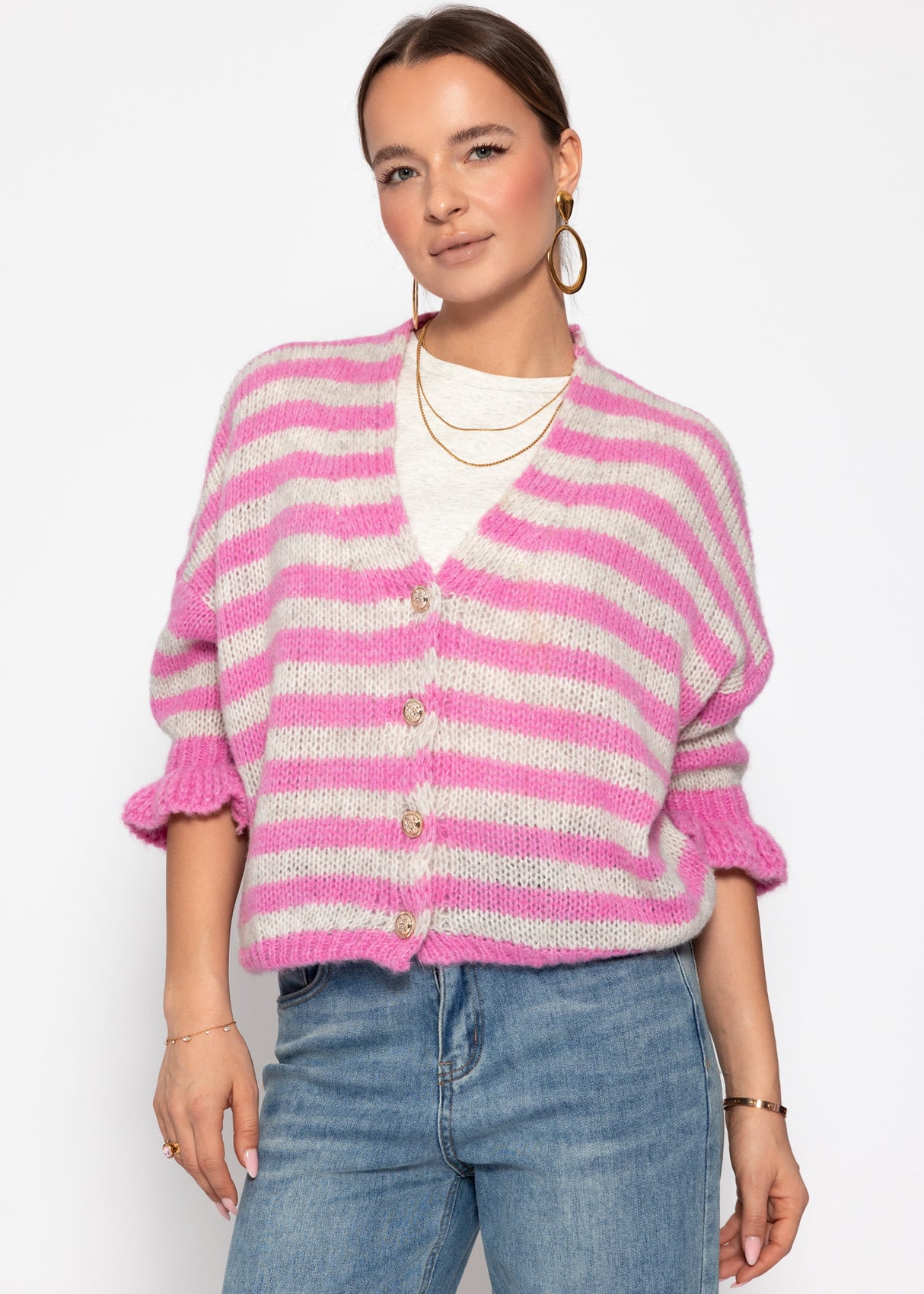 Gestreifter Cardigan mit 3/4-Ärmeln - pink