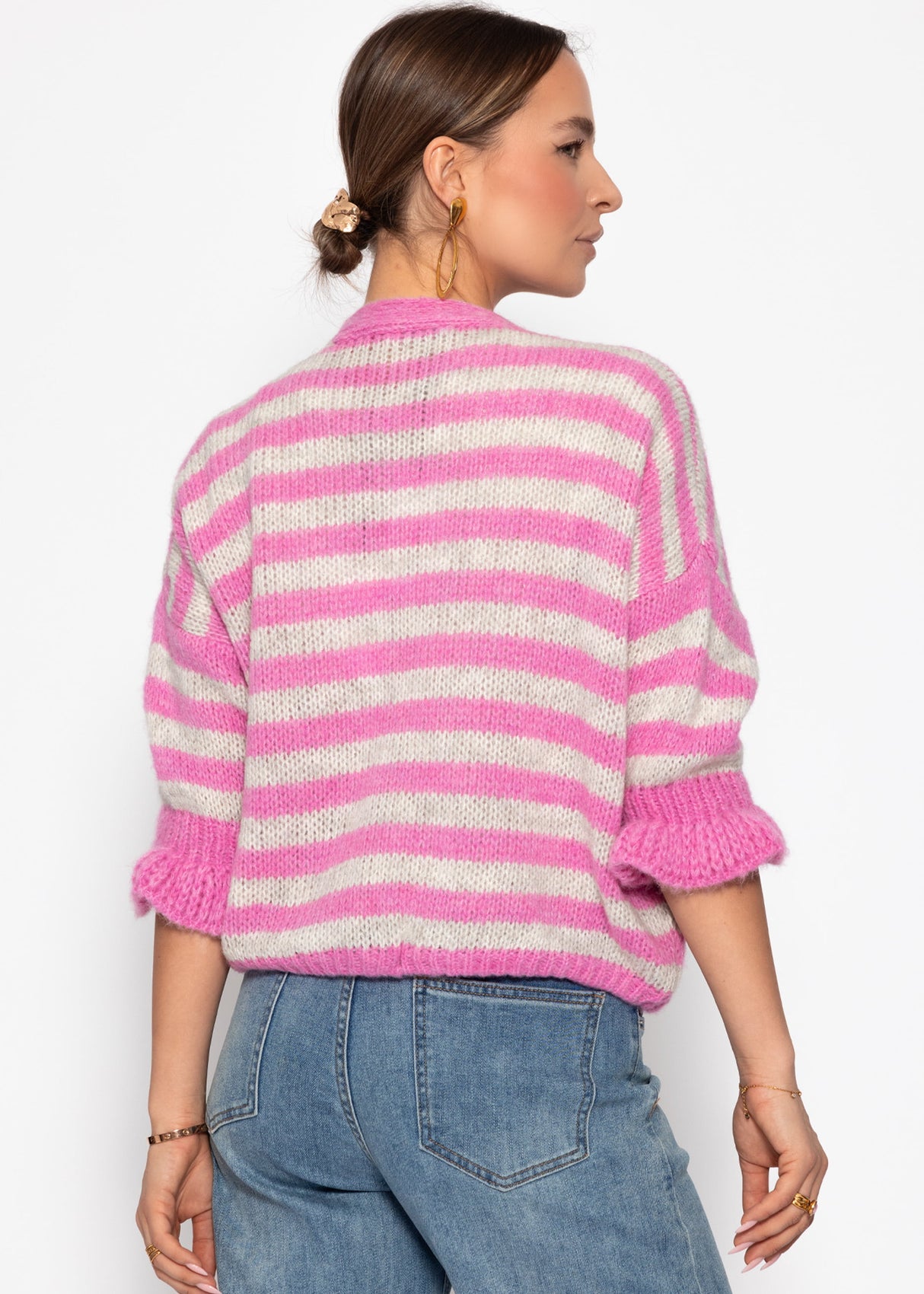 Gestreifter Cardigan mit 3/4-Ärmeln - pink