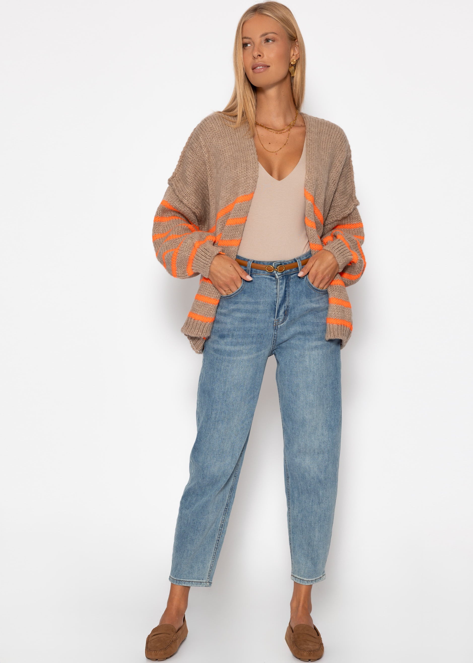 Striped cardigan with outer seams - beige