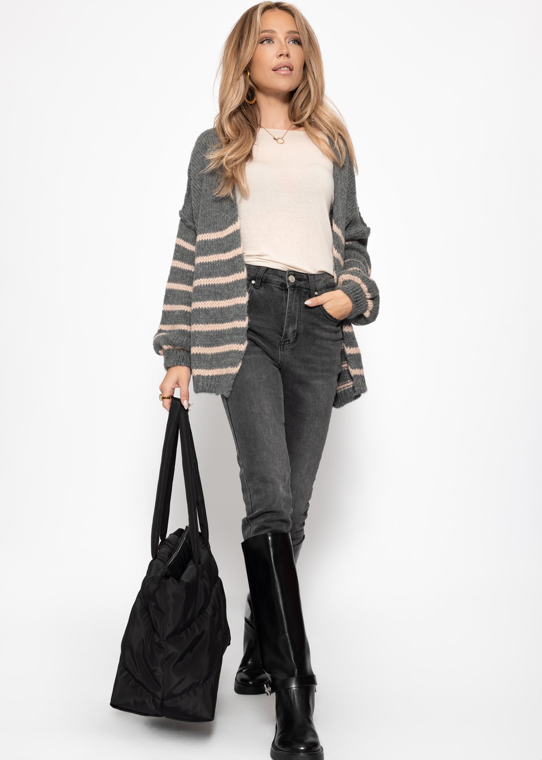 Gestreifter Cardigan mit Außennähten - grau