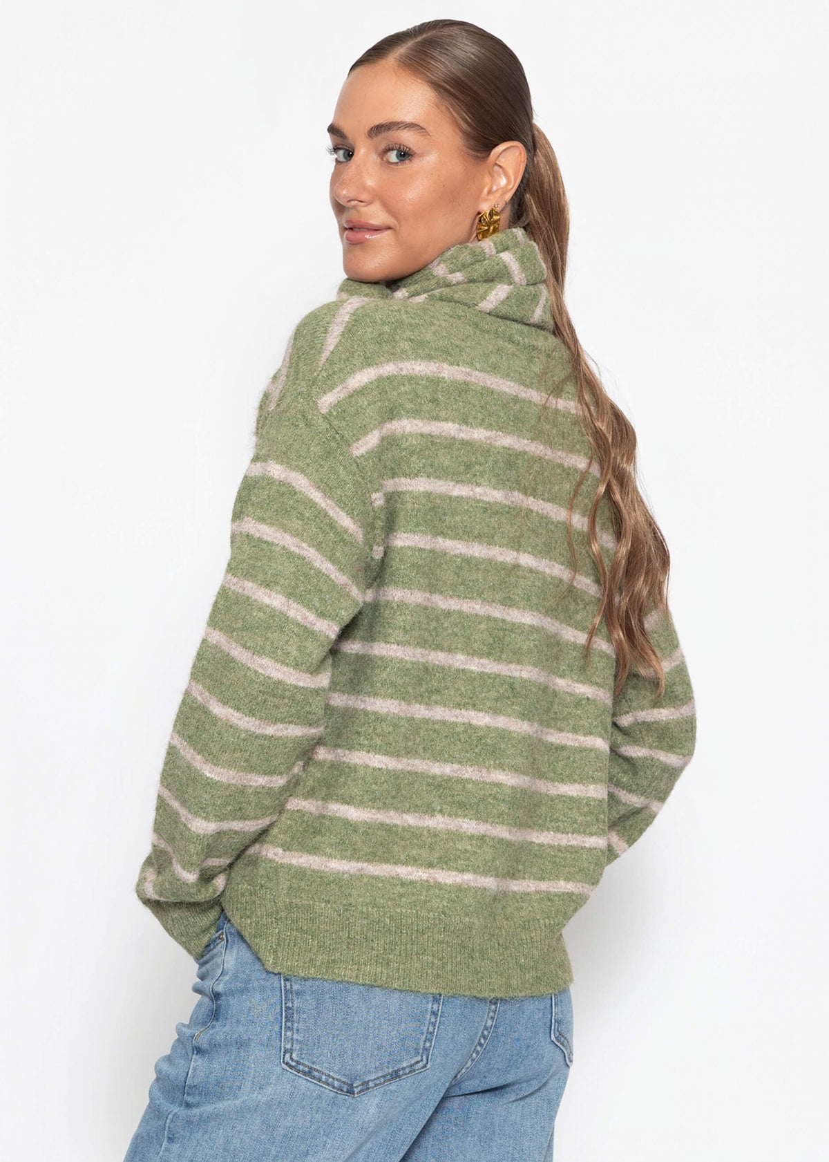 Gestreifter Cardigan mit Schal - khaki