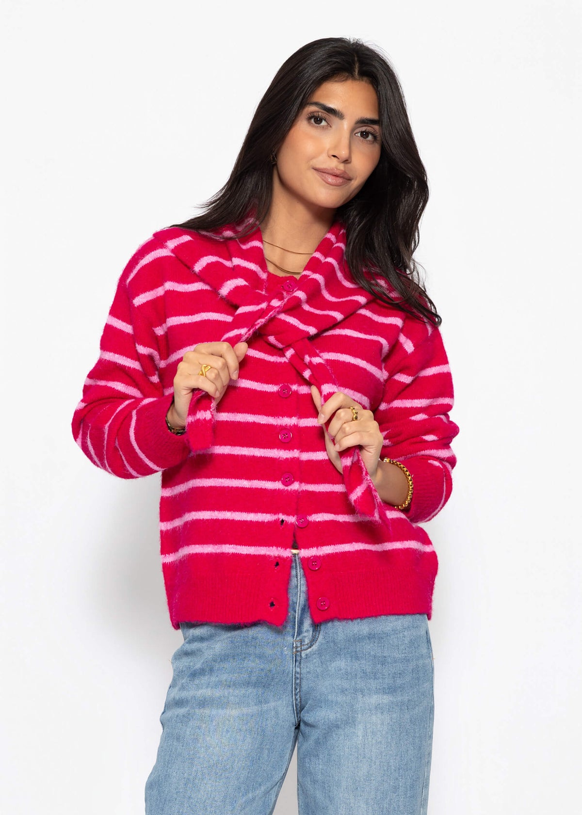 Gestreifter Cardigan mit Schal - pink