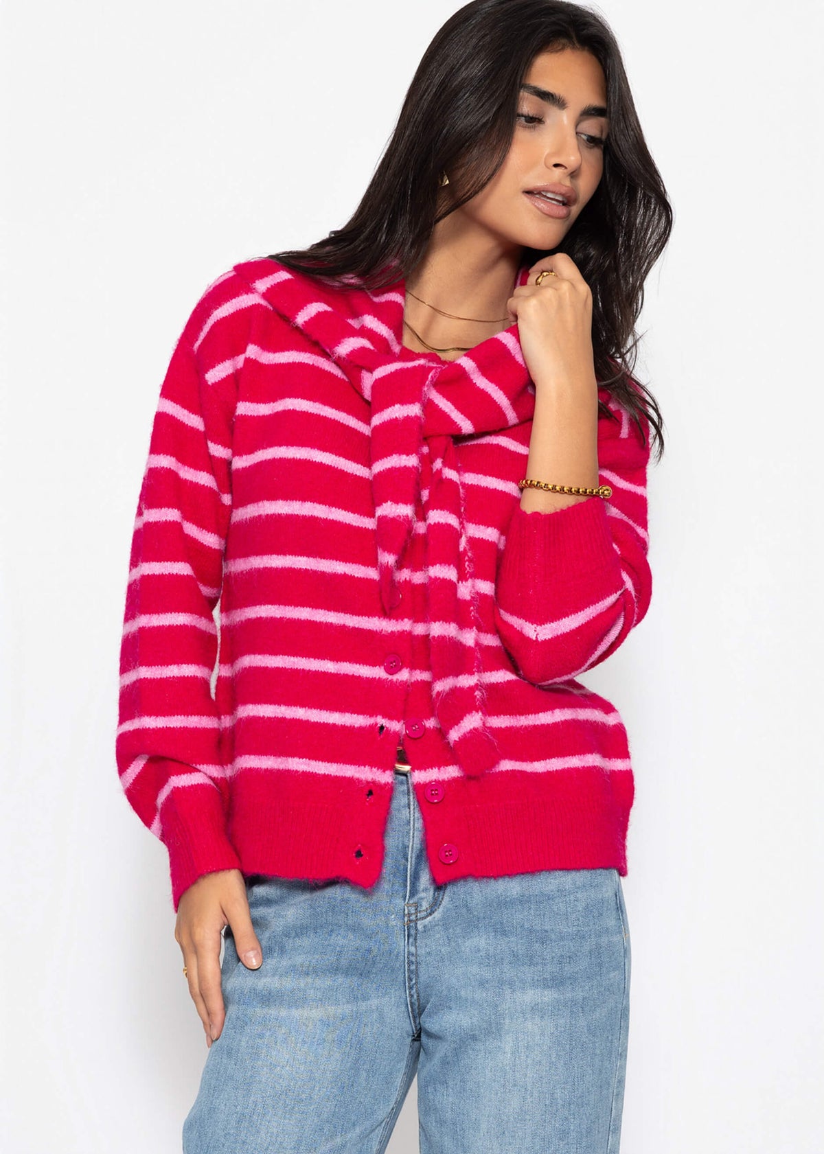 Gestreifter Cardigan mit Schal - pink