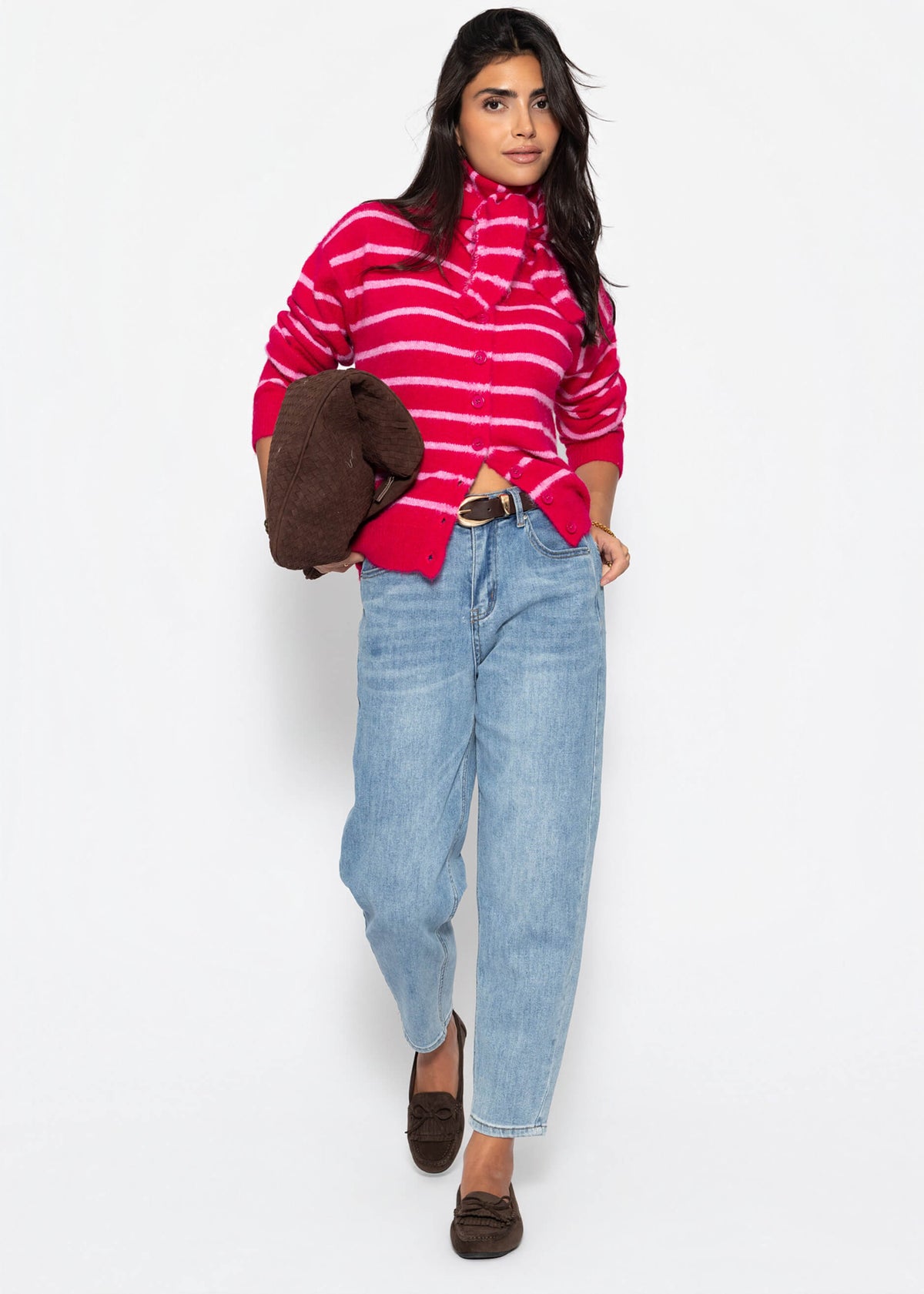 Gestreifter Cardigan mit Schal - pink