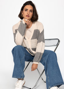 Striped cardigan with V-neck-gray-beige
