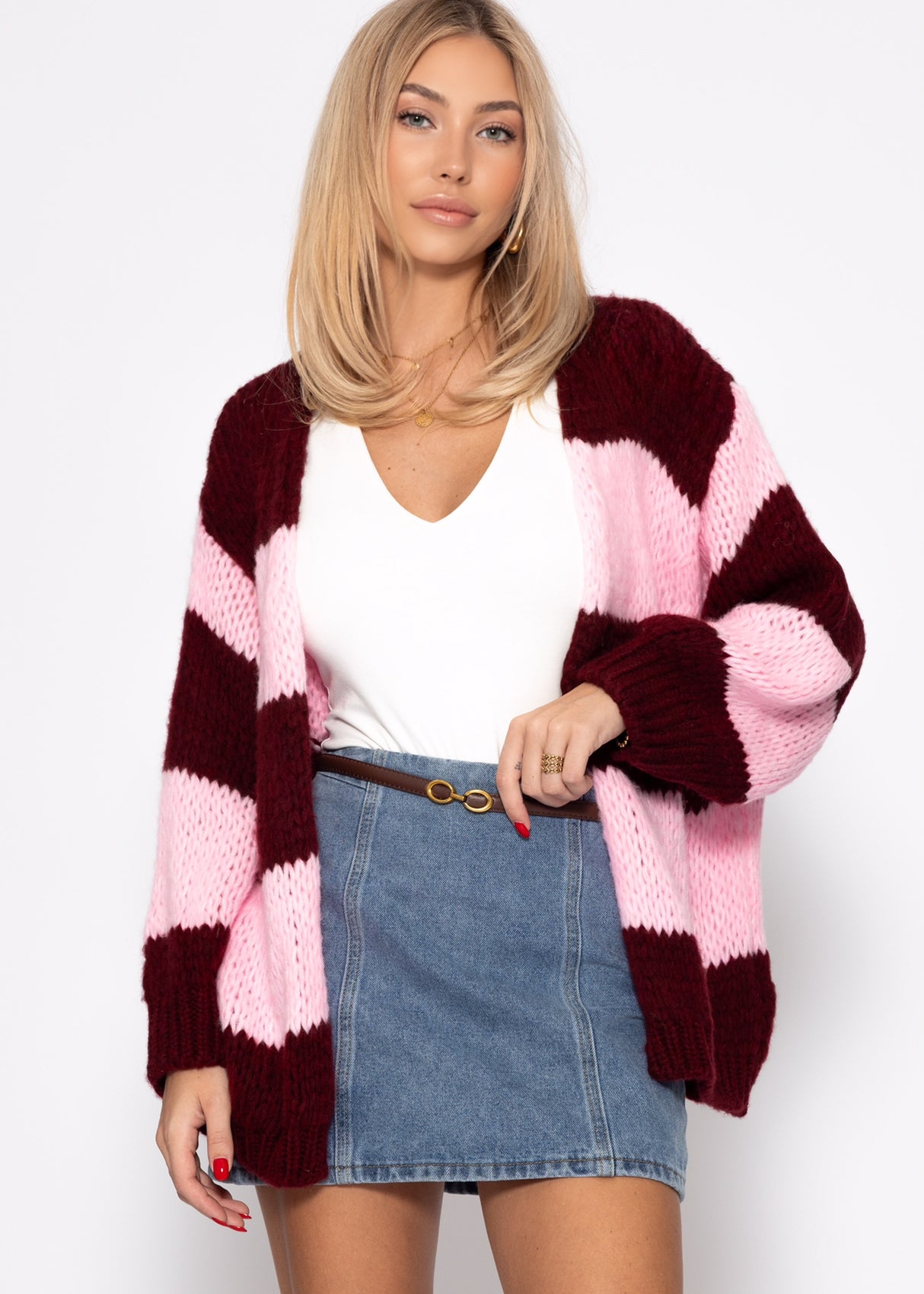 Gestreifter oversize Cardigan - burgundy