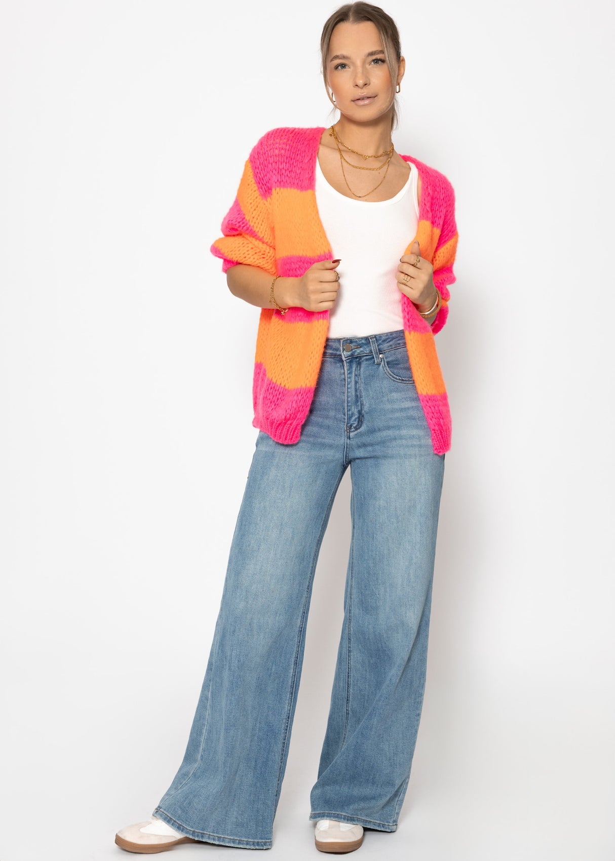 Gestreifter oversize Cardigan - pink-orange