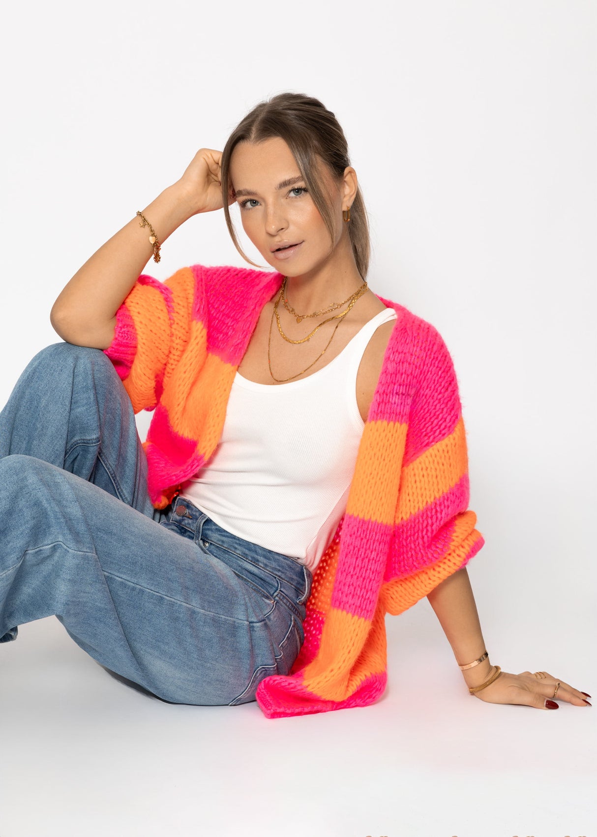 Gestreifter oversize Cardigan - pink-orange