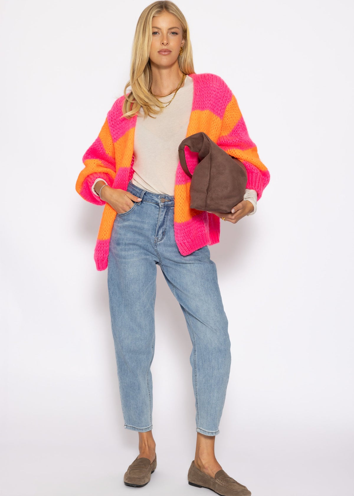 Gestreifter oversize Cardigan - pink-orange